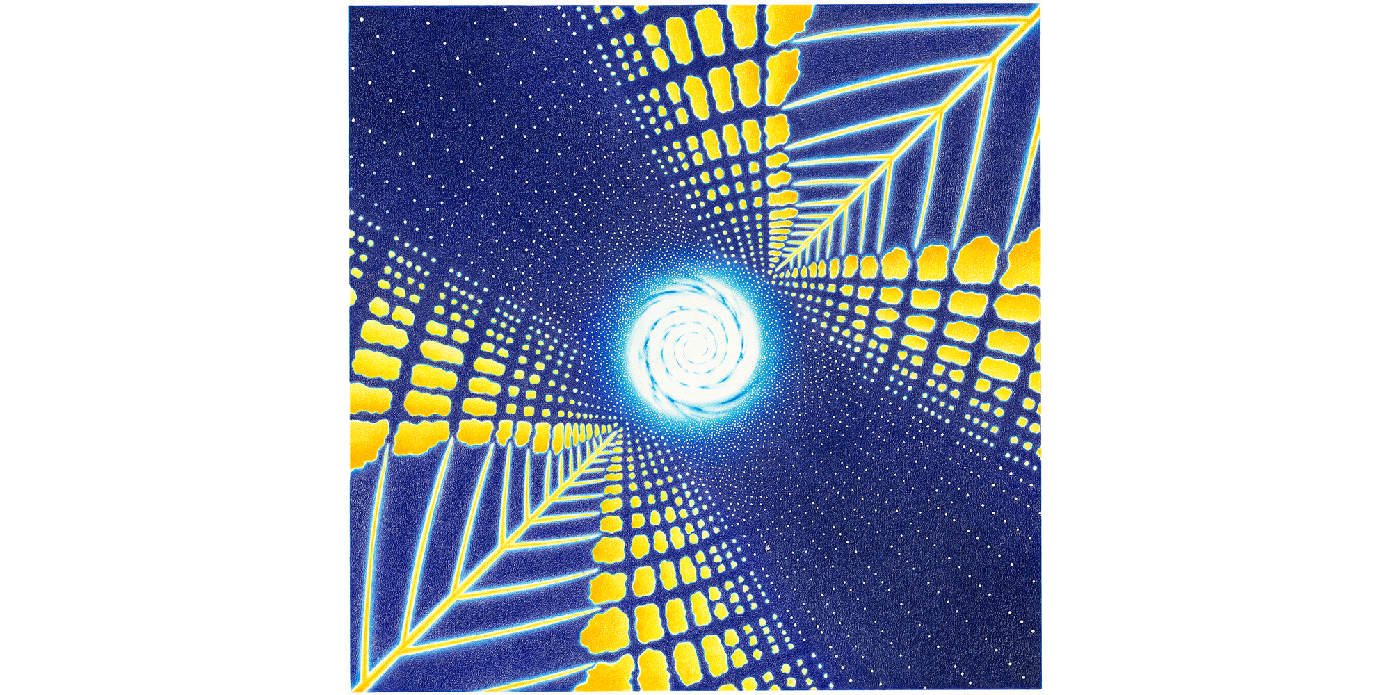 Painting of a center blue-white spiral with webbed forms accelerating into it on a blue background.