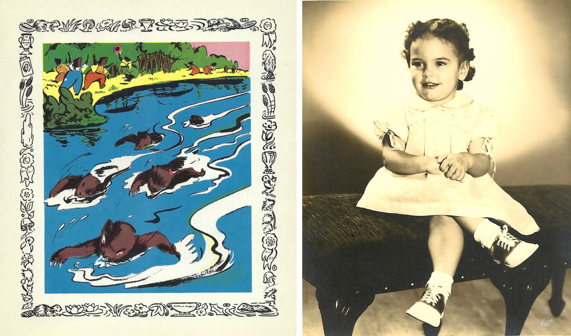 (left) Book illustration of 5 beavers swimming downriver; (right) photo of Sandra Dean at age 3, sitting on chair in white dress with legs crossed.