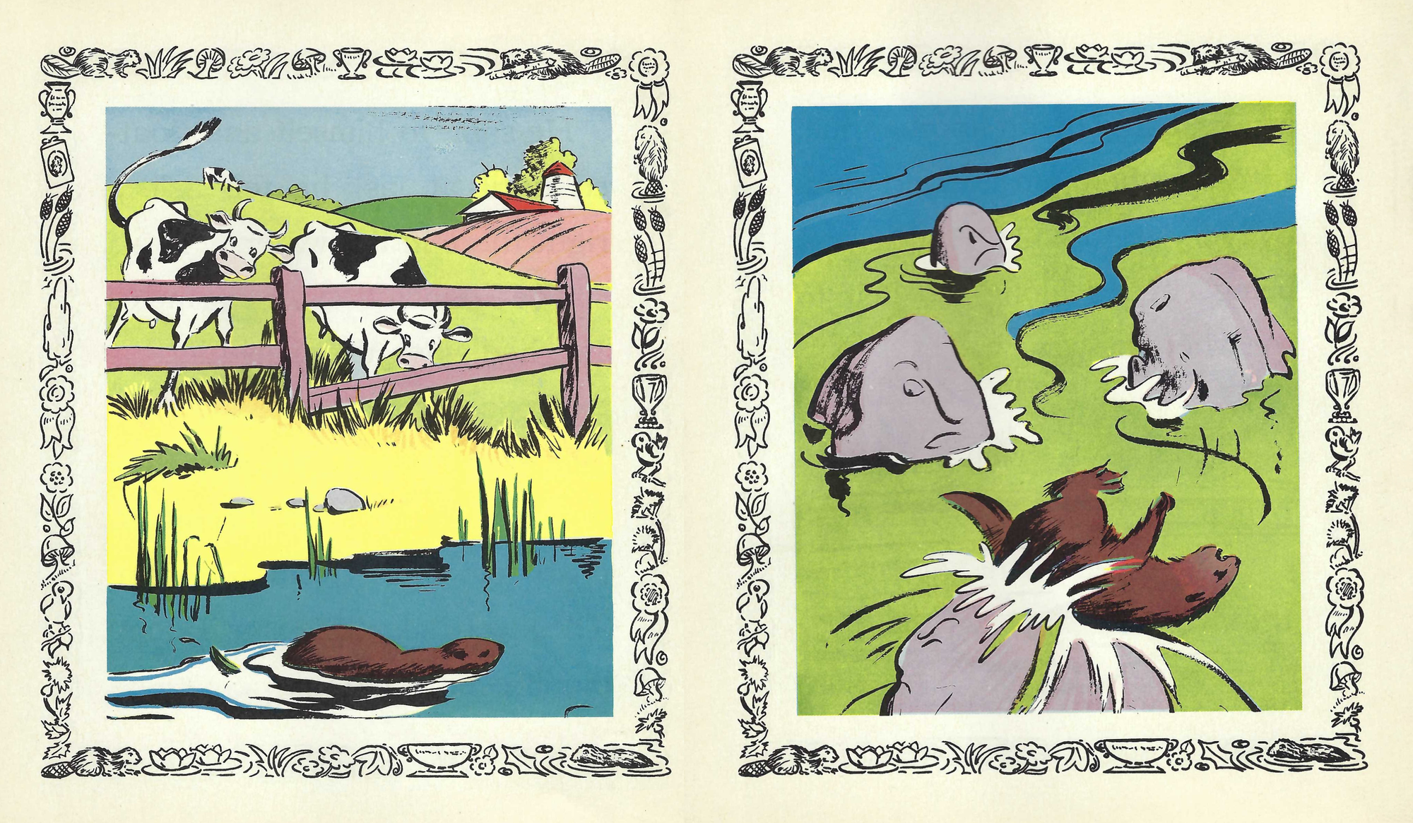 (left) Beaver swimming in river with 2 cows looking at him from behind fence in meadow; (right) beaver upended between rocks in rapids)