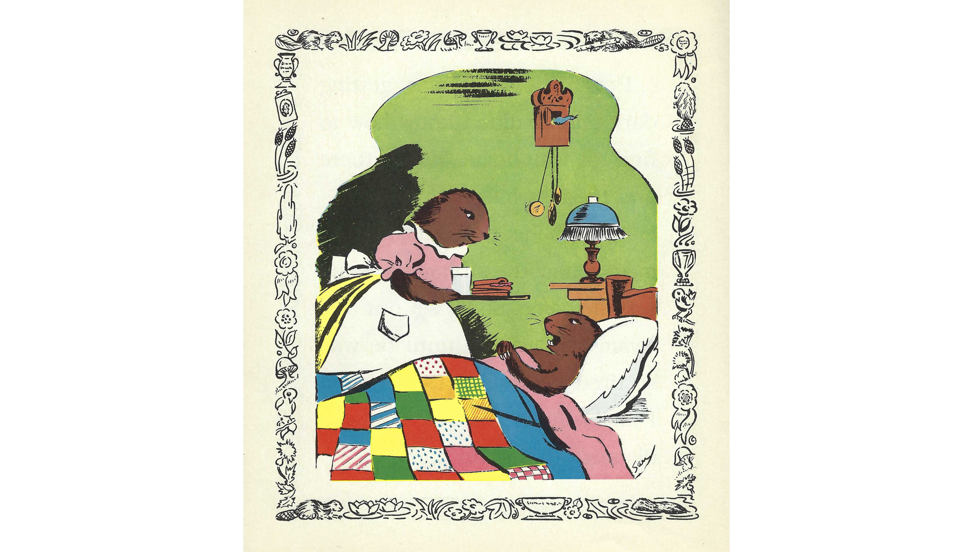 Illustration of beaver sick in bed with mother bringing milk and cookies on a tray