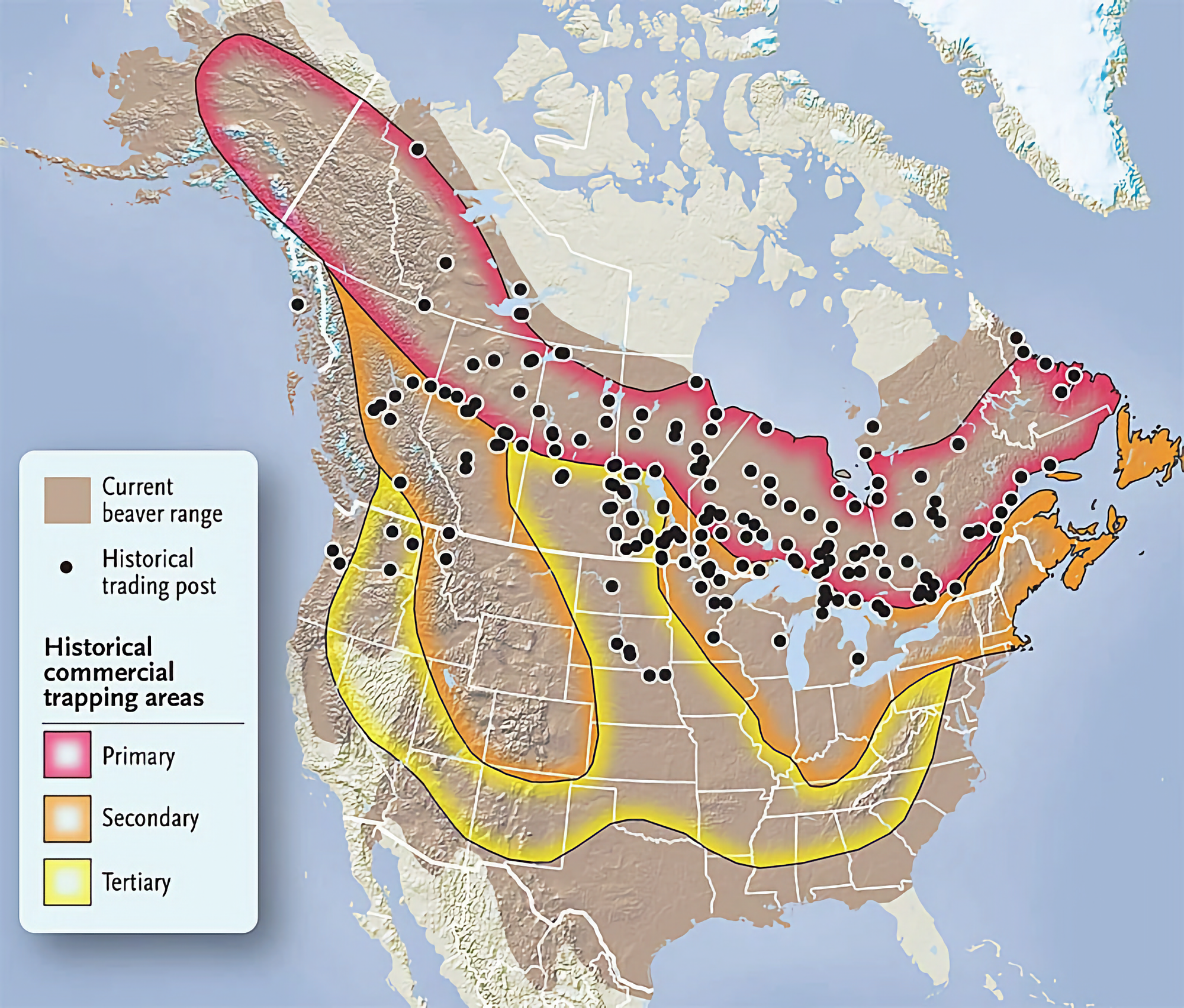 Map showing many trading posts in northern Canada and fewer as you go south.