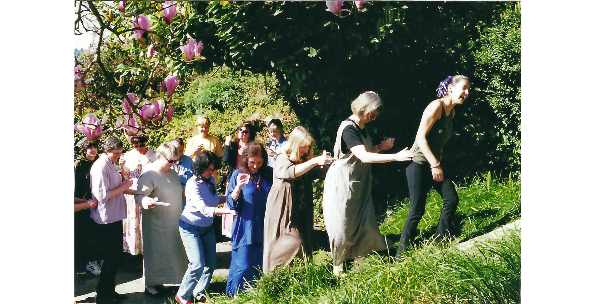 Photo of line of women dancing up the stairs, with magnolia branch in left foreground