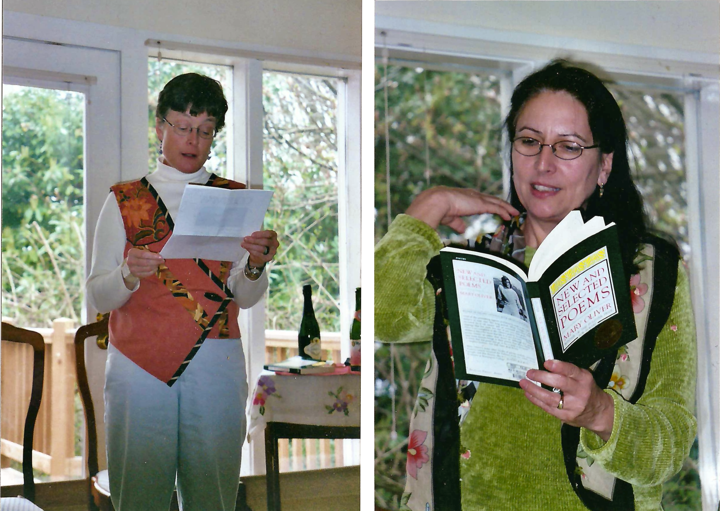 Two photos of women reading poetry inside a house