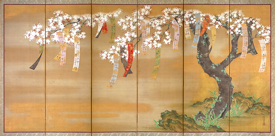 Image of 6-paneled gold screen with cherry tree on right and blossoms on the branches which also hold long poem slips