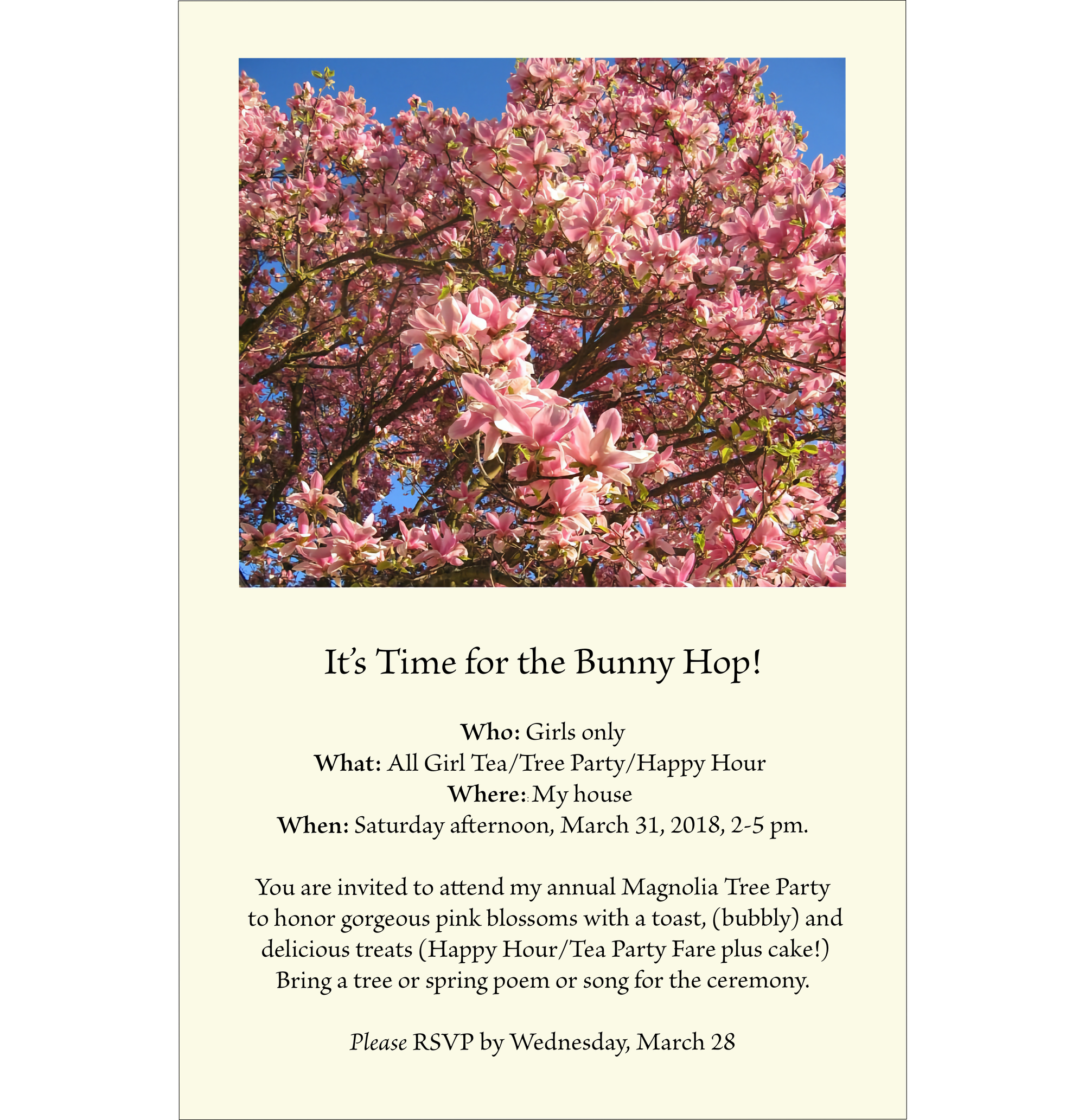 Image of Tree Party invitation: "It's Time for the Bunny Hop", with close-up photo of magnolia