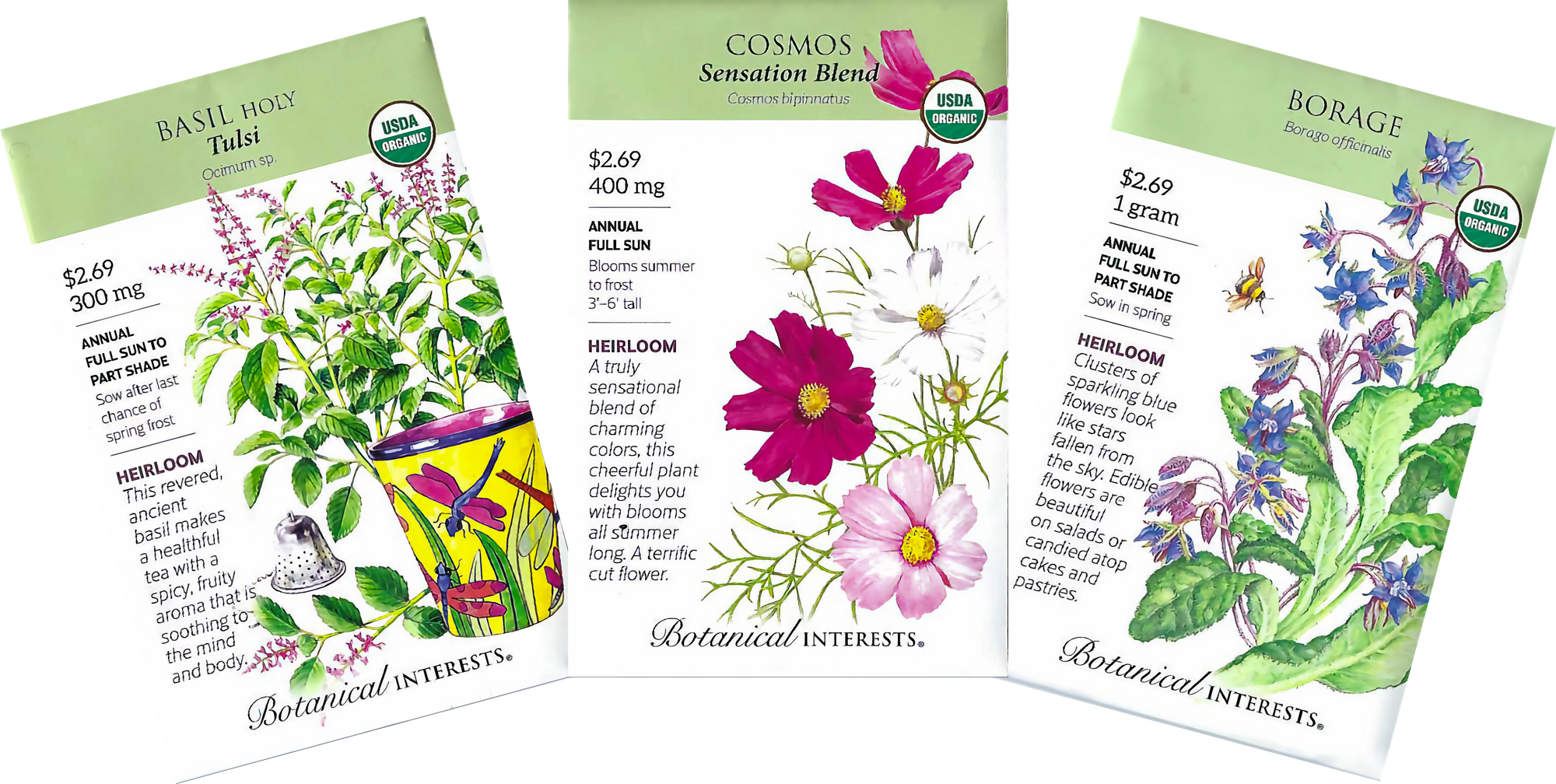 Image of 3 seed packets: basil, cosmos, and borage, arranged in a fan