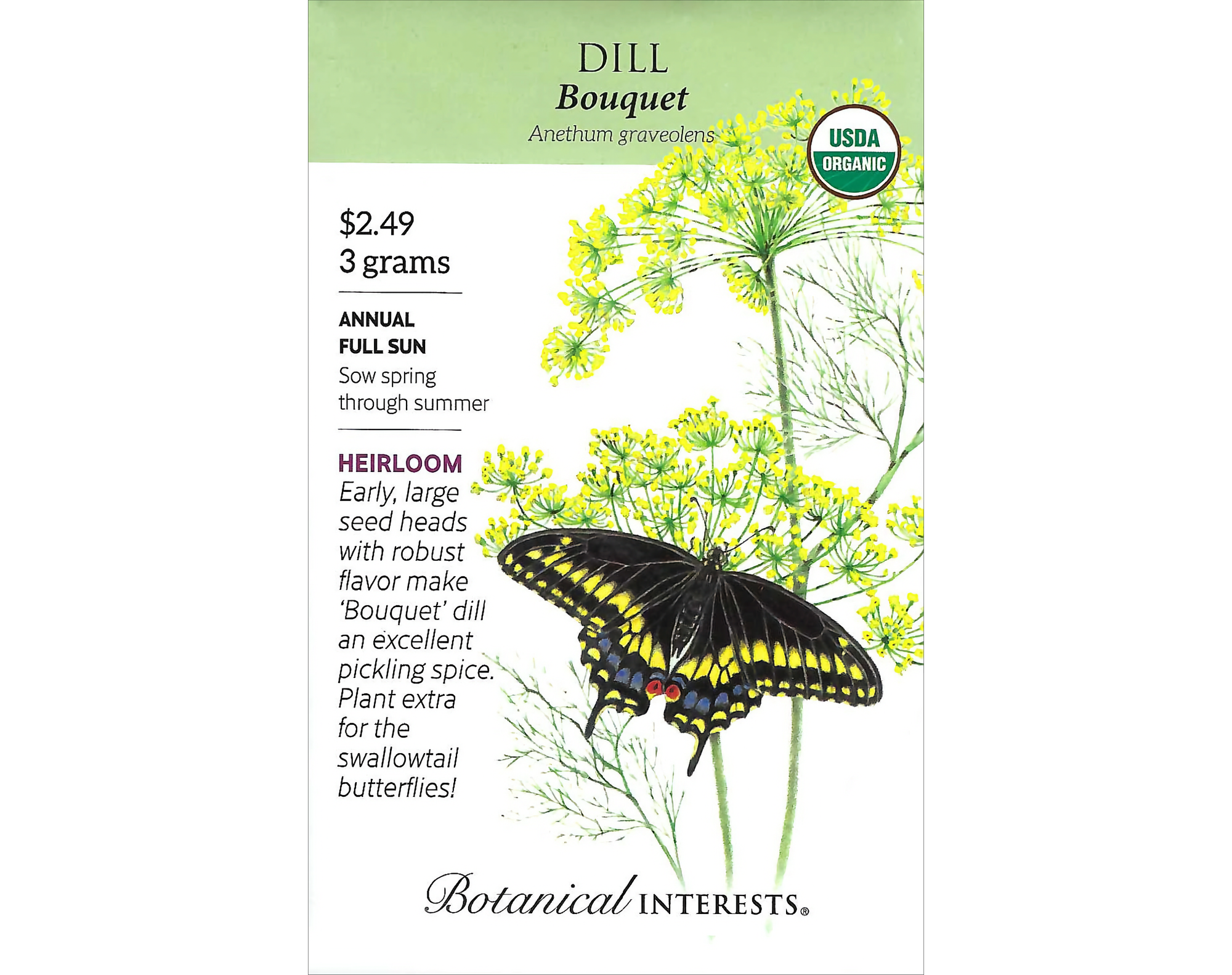 Image of dill seed packet with black and yellow monarch butterfly in front on the dill plant