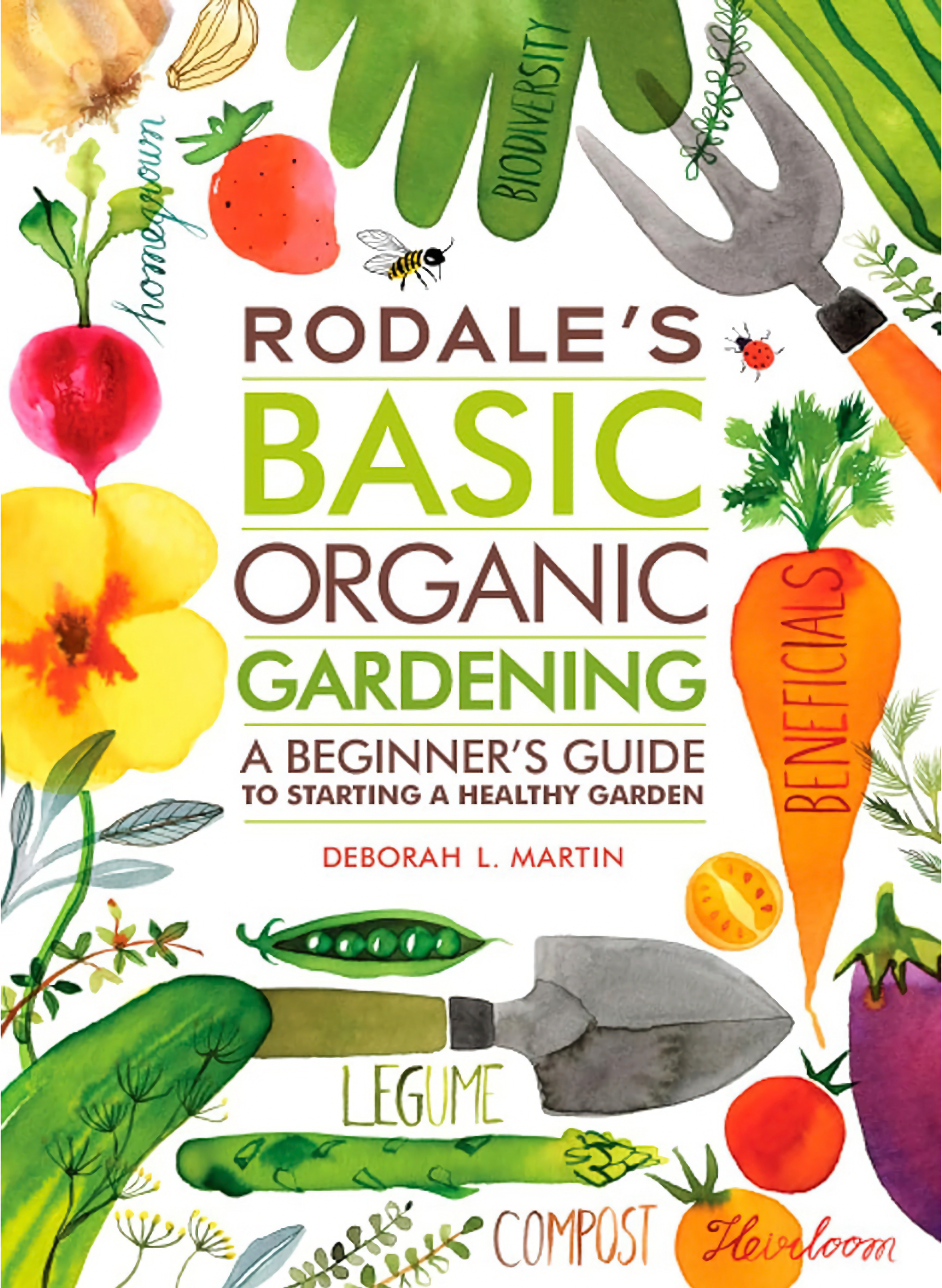 Image ofcover of Rodale's Basic Organic Gardening Guide, with a border of drawn vegetables and tools.