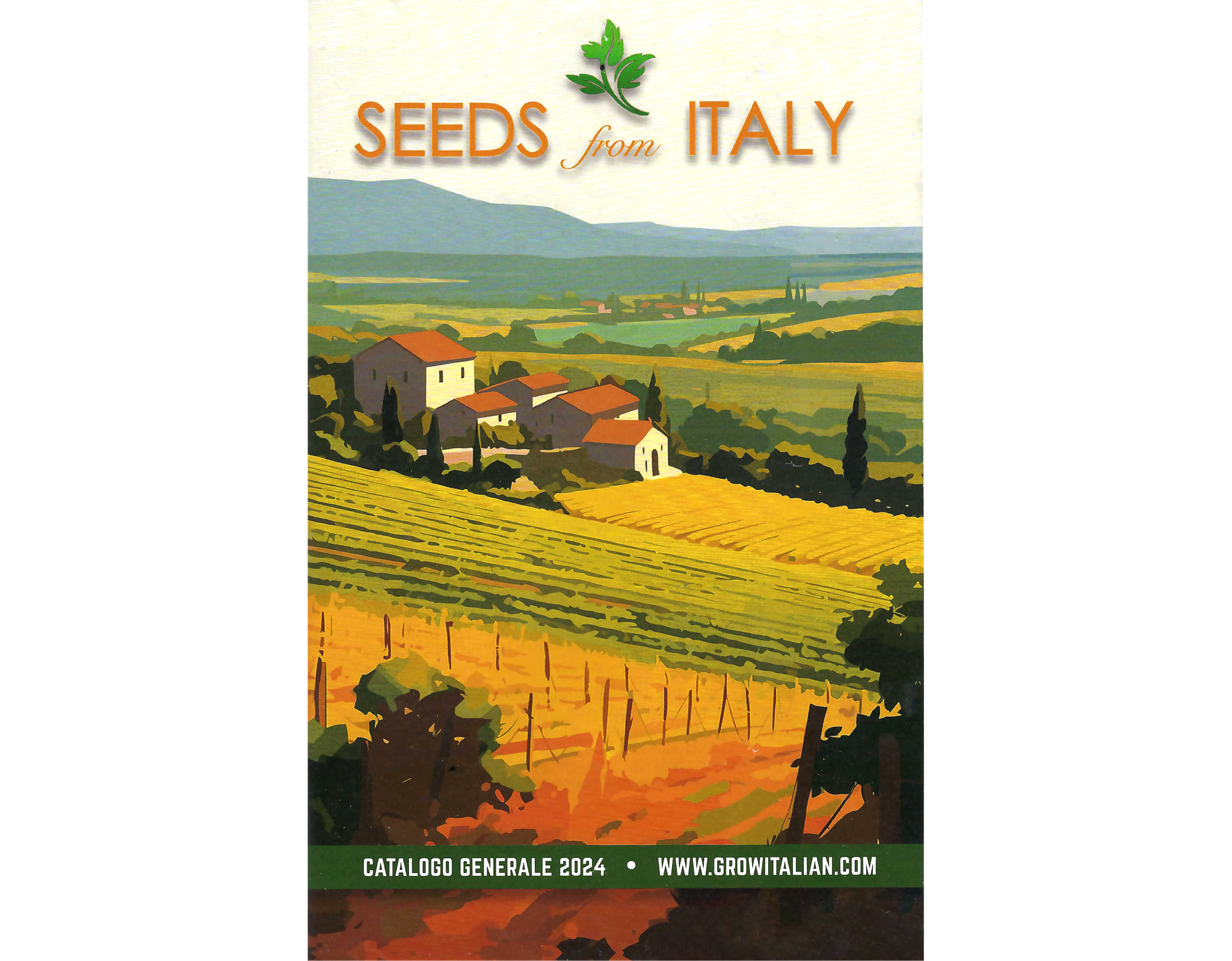 Image of 2024 seed catalog cover from Italy, showing a painting of a farmhouse in the middle of fields with a low mountain range in the background