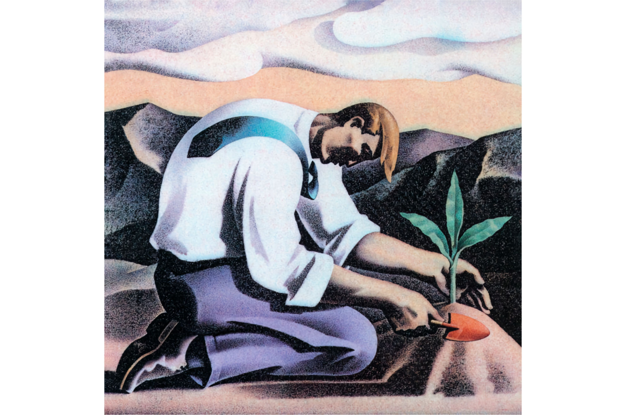 Painting of man with brown hair, white shirt, blue tie, and purple pants kneeling with right side to picture frame, planting a 3-leafed green plant on a small mound of dirt with a red trowel, with dark mountains, beige hills and white clouds in background