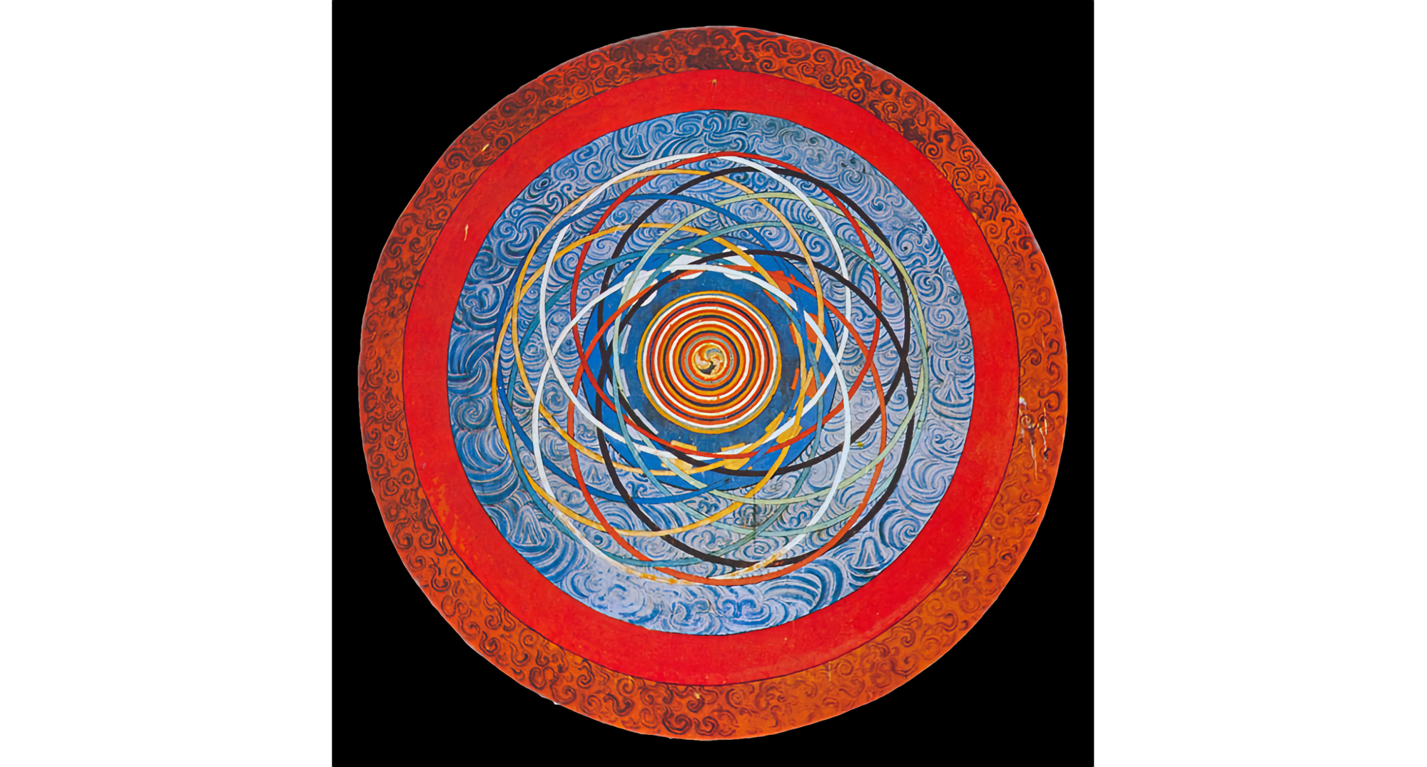 Image of circular mandal with orange and red outer rings, and blue center with orbit-like circles surrounding a orange, red, and yellow small concentric circles