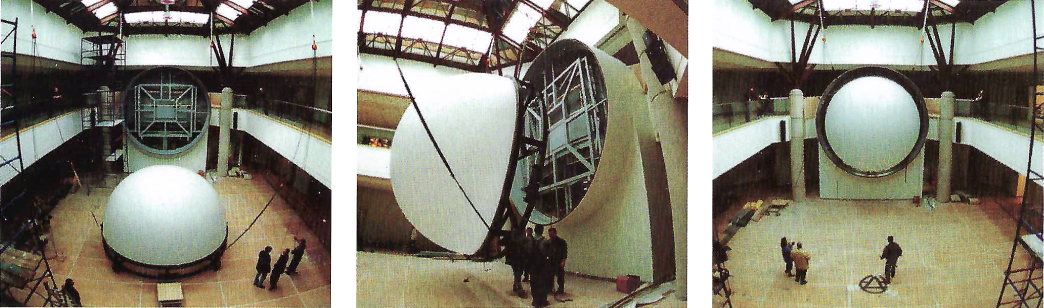 Three photos showing white hemispheric dome being attached to wall between two columns