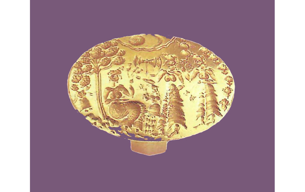 Photo of oval gold ring with impressions of trees and female figure, on purple background