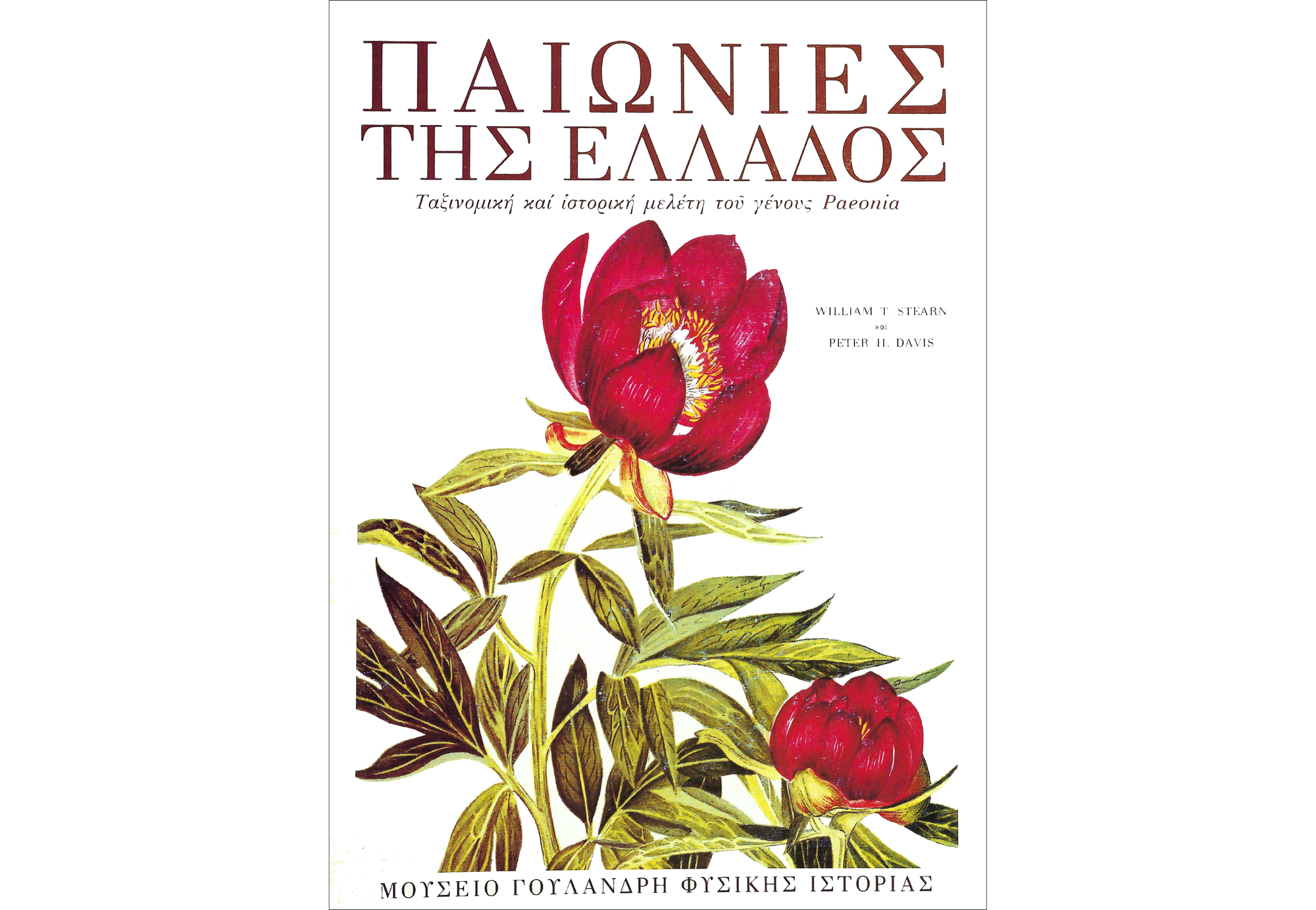 Image of cover of book with title in Greek on top and two red peonies below