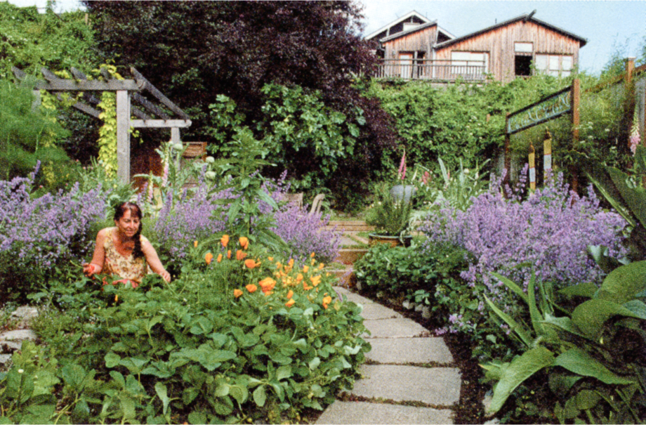 Photo os Sandra at left kneeling among poppies and lavender, with curving path in center