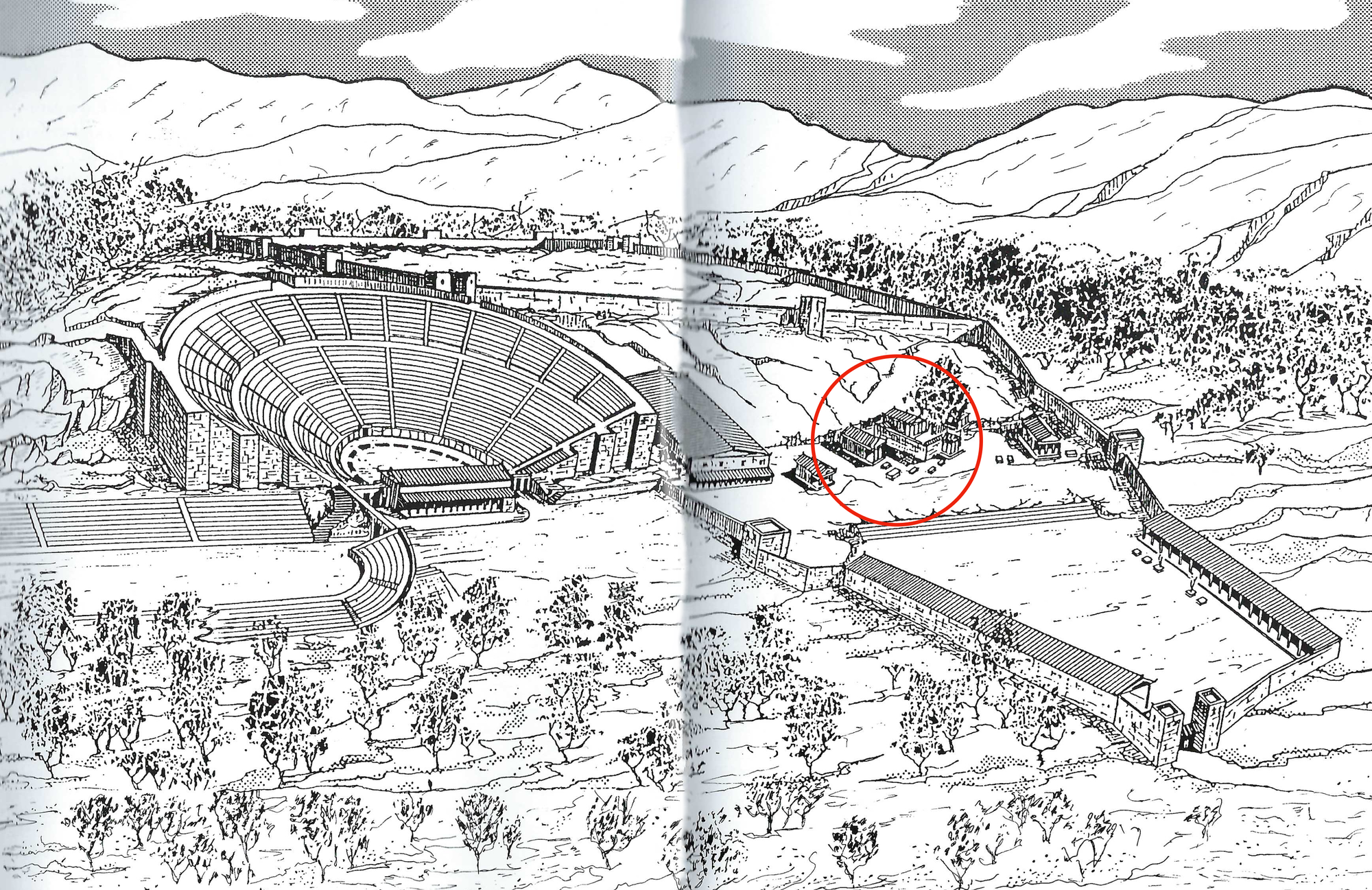 image of sketch of entire shrine complex, with amphitheater left center, shrine right center and mountains in background