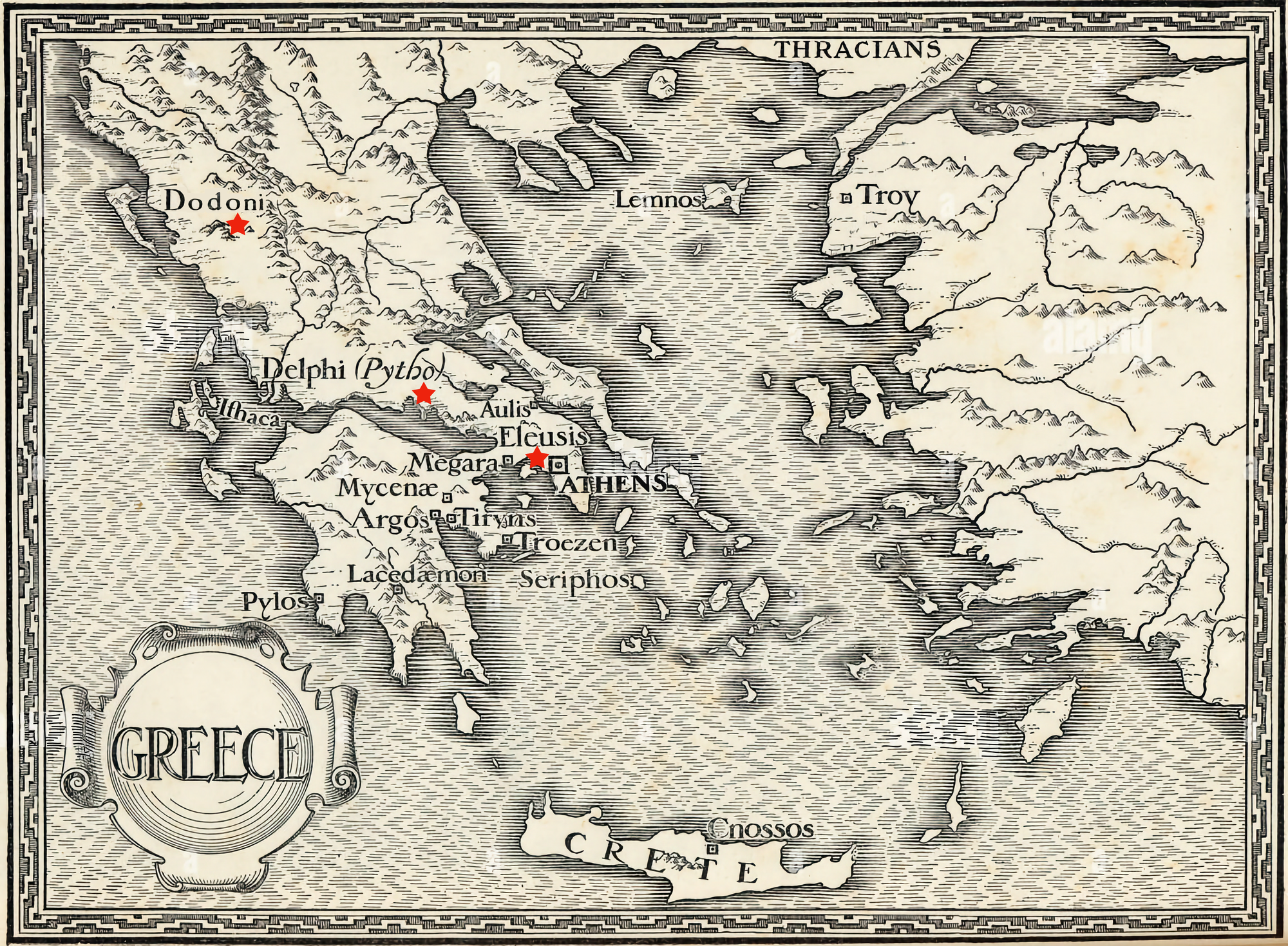 Map of ancient Greece, with Dodoni, Delphi, and Eleusis on mainland, from NW to SE