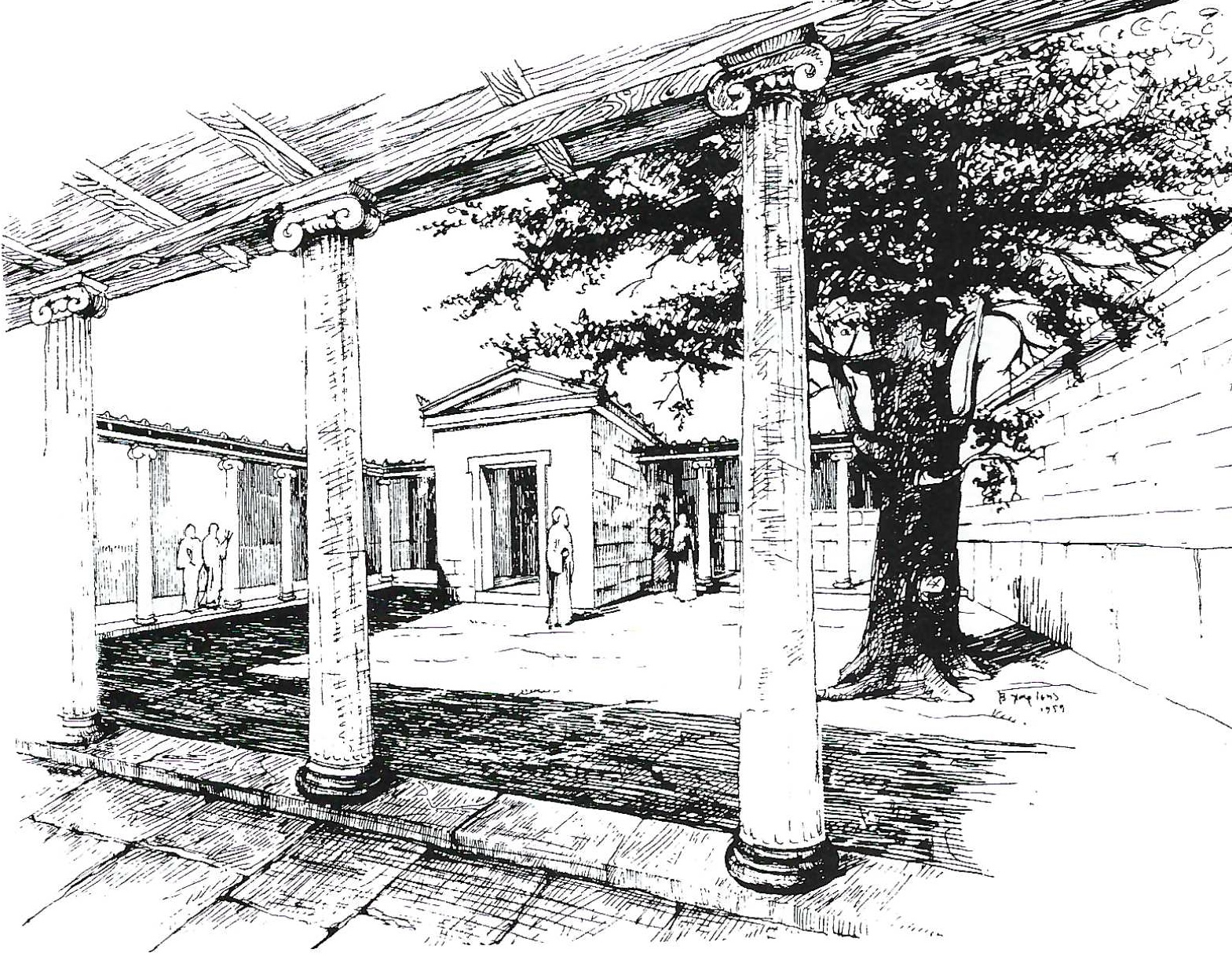 Image of sketch of temple next to tree, surrounded by ionic columns on three sides and tall wall on right