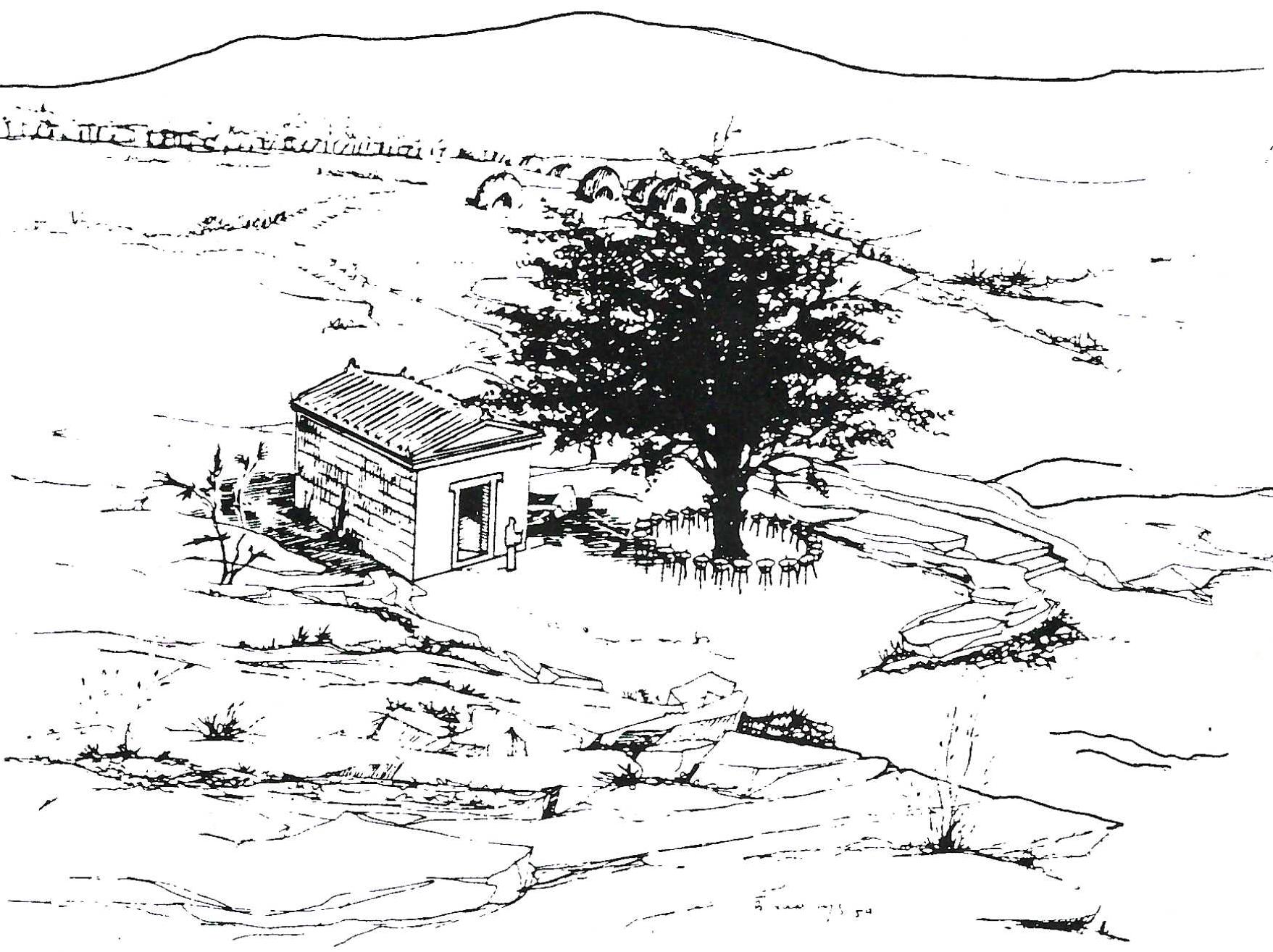 Sketch of small temple in left center, with tree to right surrounded by votive tripods