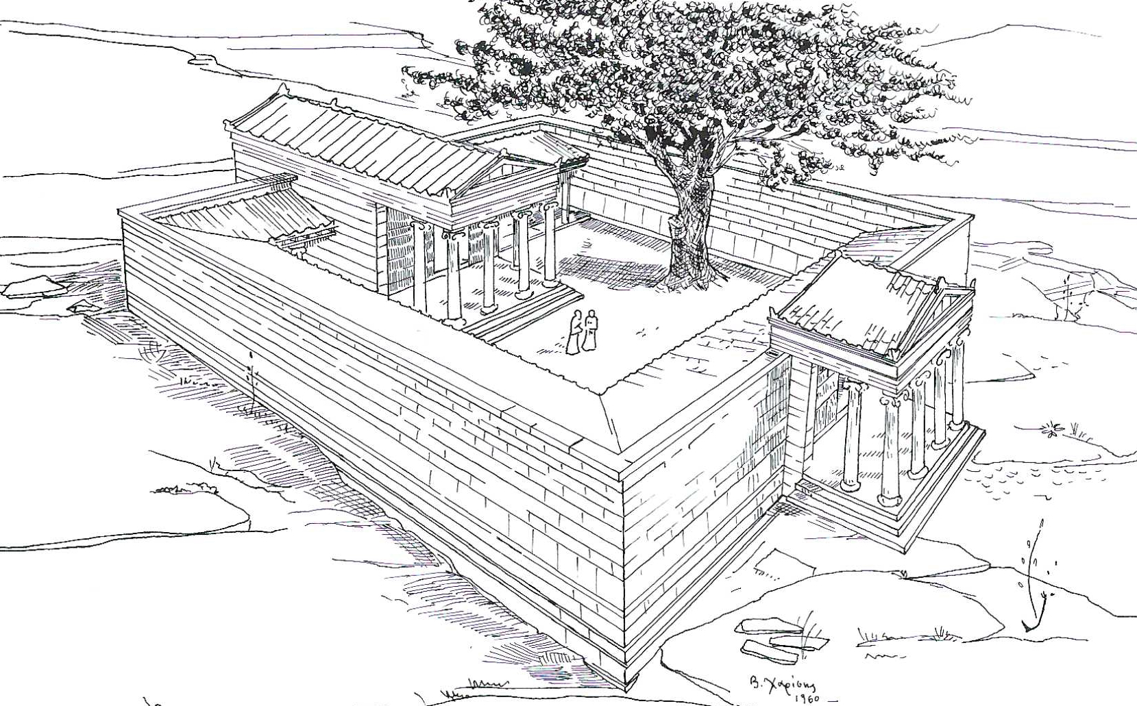 Image of sketch of larger temple and tree, surrounded by tall wall on all sides, with columned portico at right