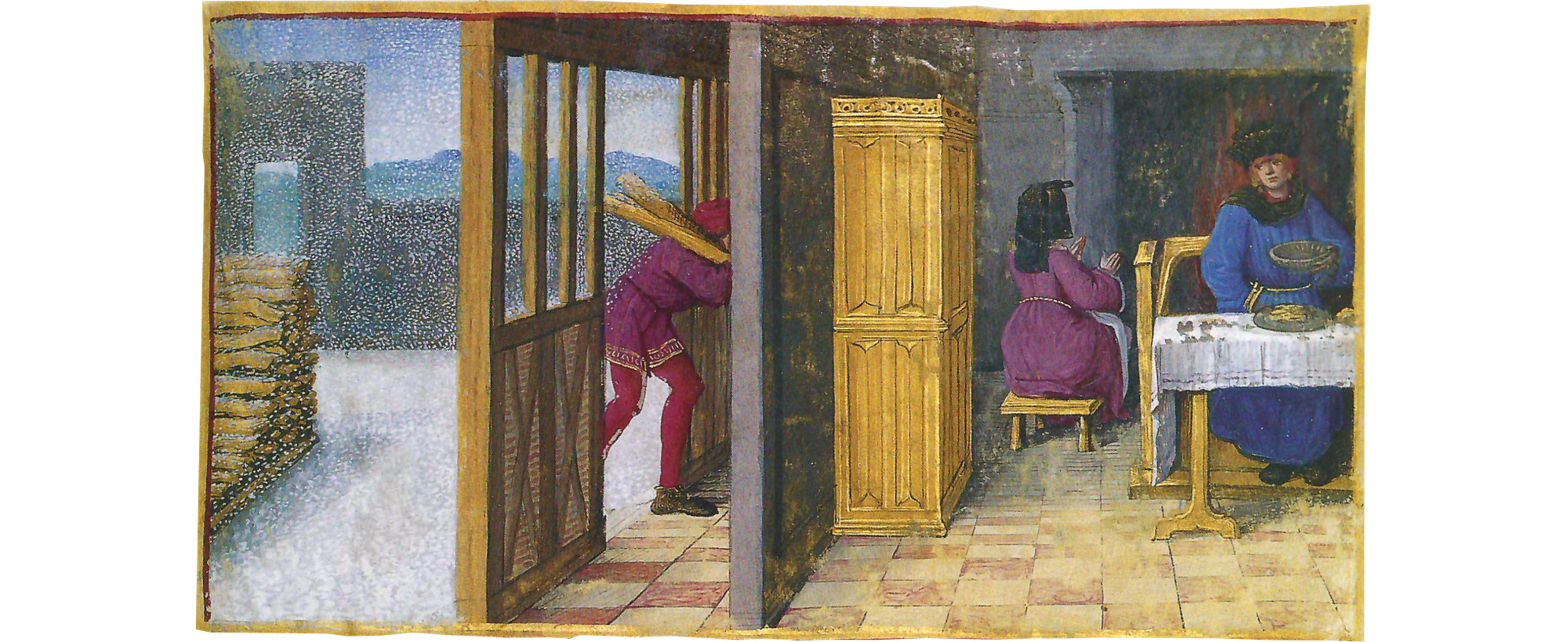 A worker brings in wood from the outside left, where it is snowing as the master’s wife warms her hands near the fire, behind the master, who sits at a table.