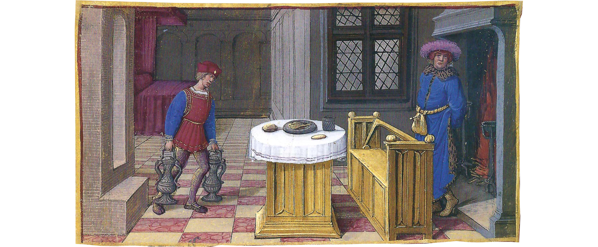 A servant carries two silver wine flagons from the left approaching a round table. To the right, the master in a blue robe stands with his back to the fireplace.