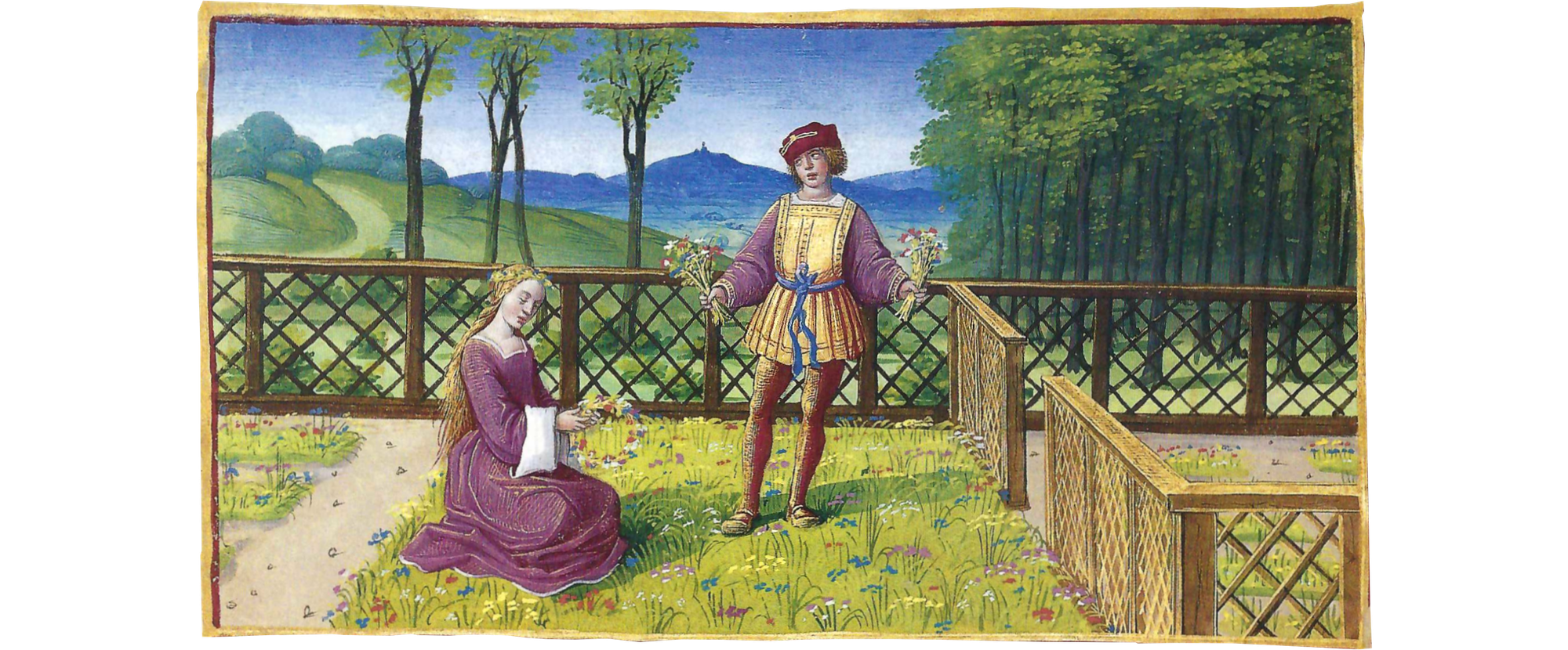 In a fenced garden, behind which are trees to the right and a hill to the left, a young man holds two bouquets of flowers, while to the left, a young woman weaves flowers into a garland.