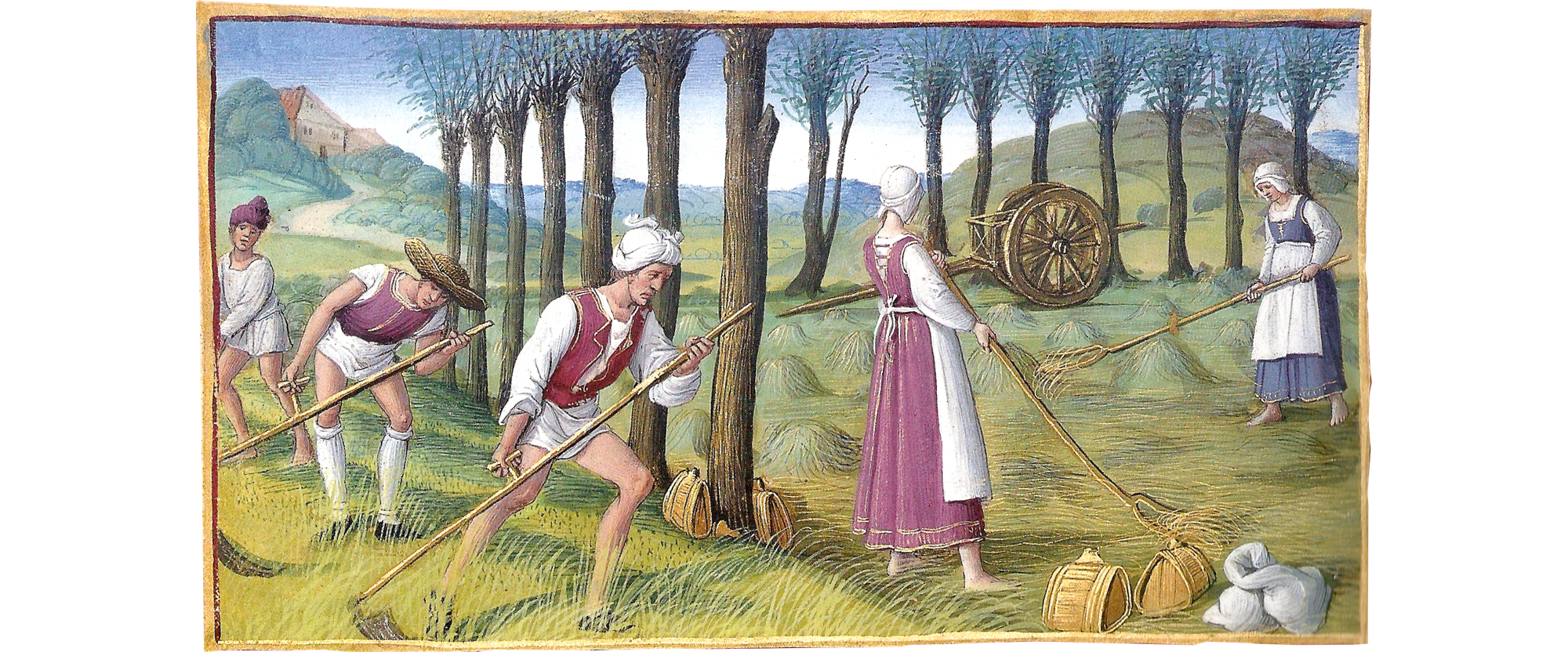 Five workers wielding primitive scythes and rakes harvest hay amongst trees.