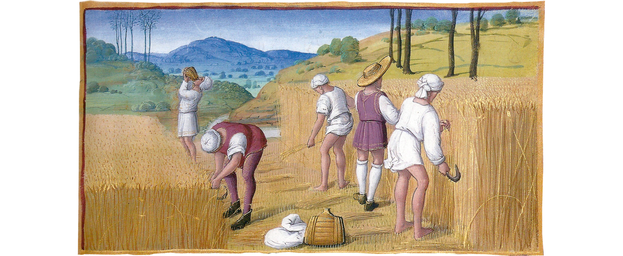 Four workers cut wheat with scythes, while a fifth drinks behind them. In the background are fields and a mountain.