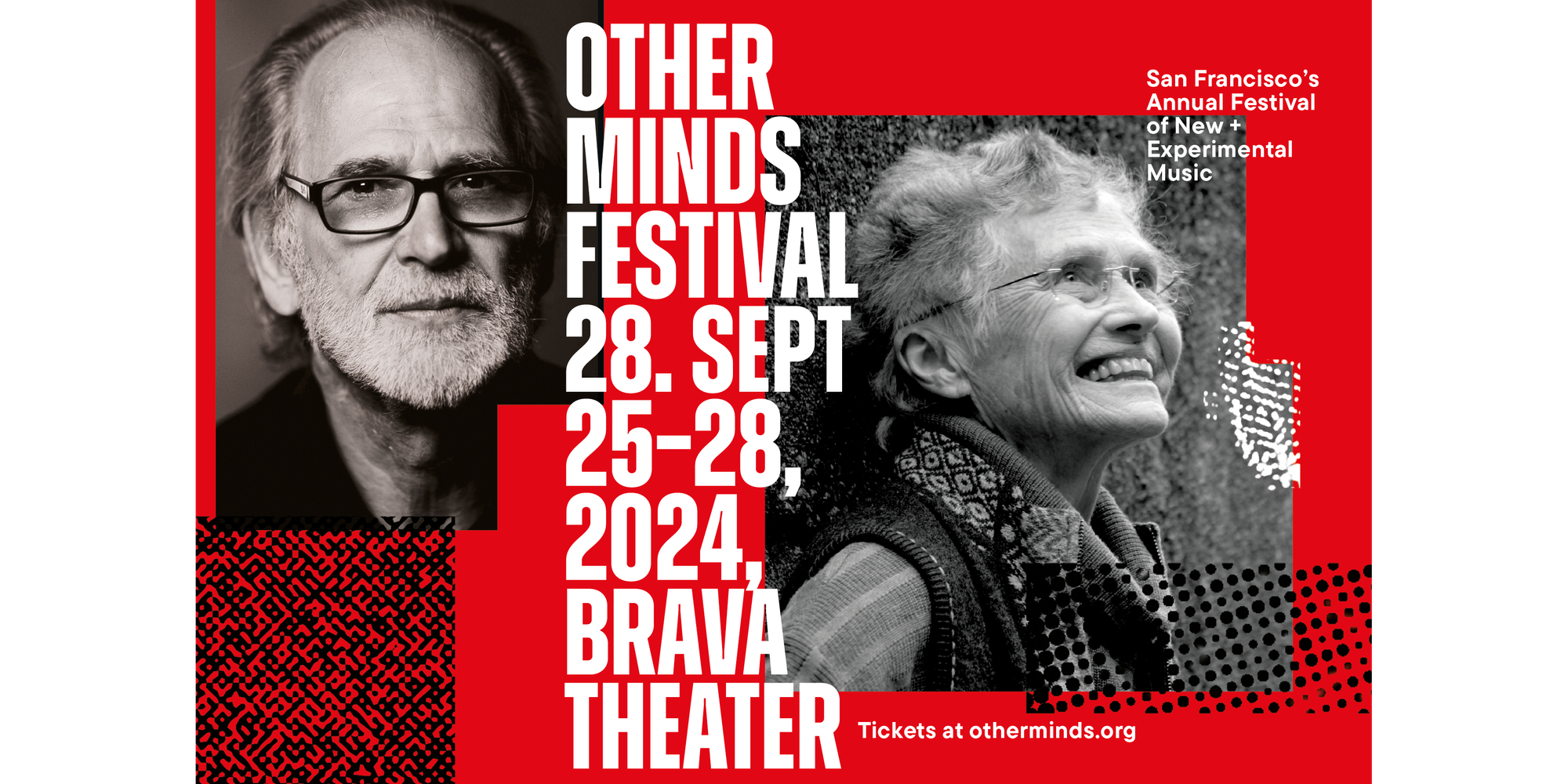 Image of poster of Other Minds Festival, white writing on red backgroun, with photo of Trimpin in upper left