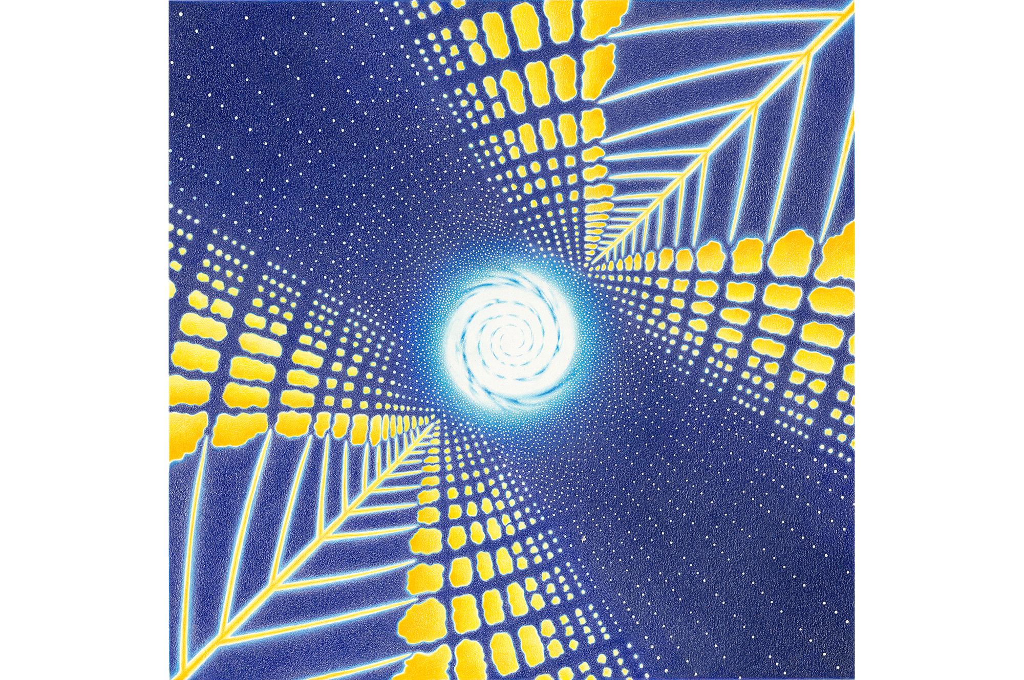 Image of painting of blue and yellow webbed tunnel leading to white spiral in distance.