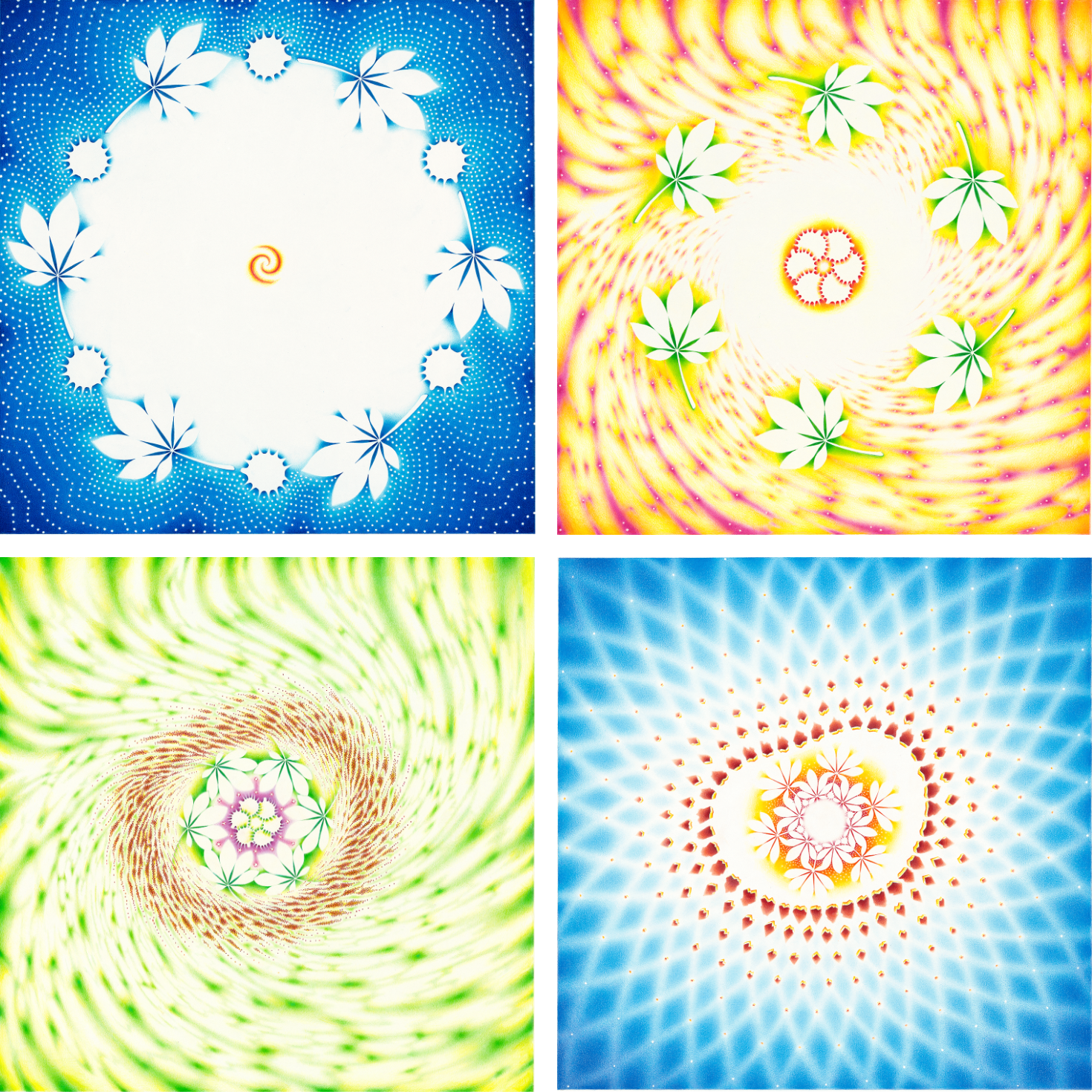 (upper left) Image of painting of small rust spiral in center of white circle with small white leaves and circles on circumference, against a blue background with white dots; (upper right) Image of painting of red and yellow rose pattern in center of swirling red and yellow spirals with green leaves; (lower right) image of painting of rust geometric pattern surrounded by oval patterns agains a white and blue wave interference background; (lower left) image of painting of red and green patter surrounded by green leaves and a red patterned oval, agains a green and yellow swirling spiral background