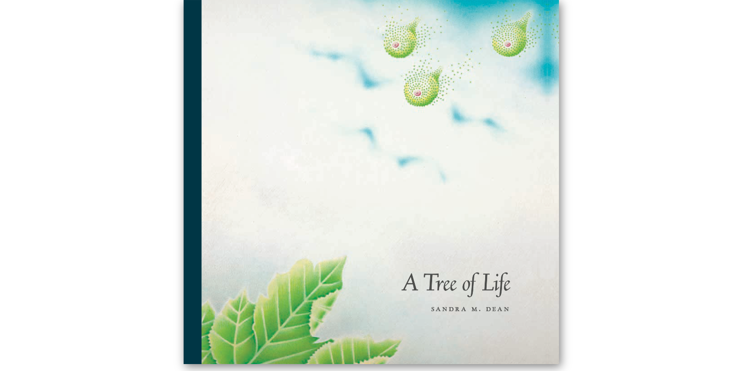 Image of book cover, showing 3 green figs in upper right of cloud-filled sky heading toward green fig leaf in lower left.