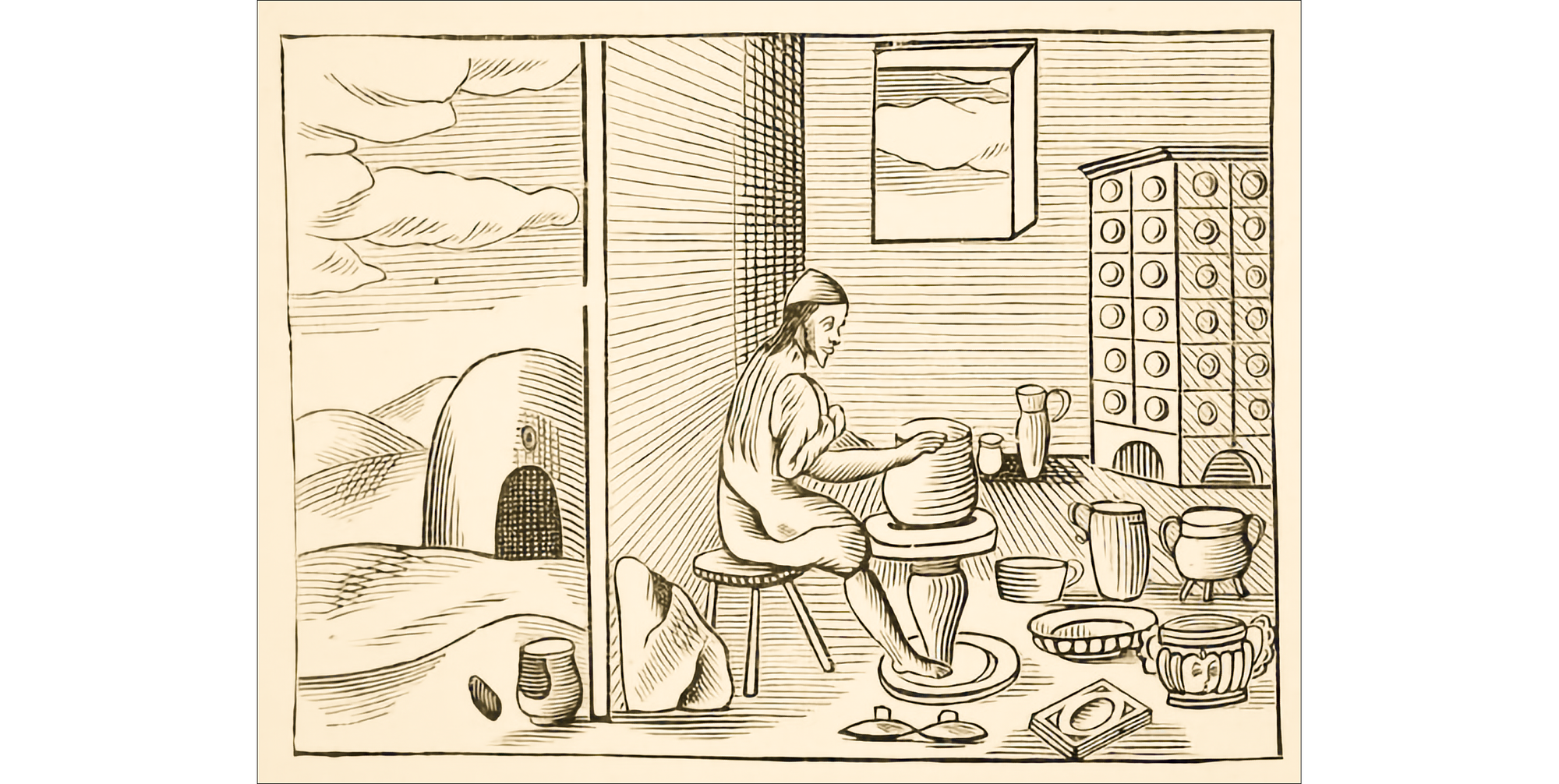 Illustration from same old book, showing potter throwing a pot on a wheel.