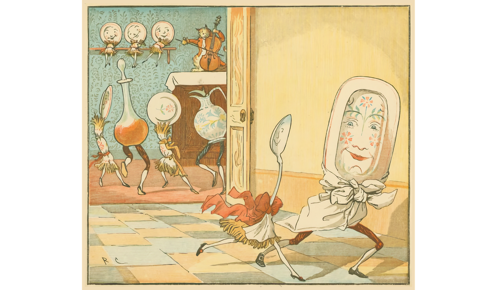 Image of illustration of dish and spoon running away to right, while in background, various plates are dancing or smiling at the cat playing a fiddle on a covered chest.