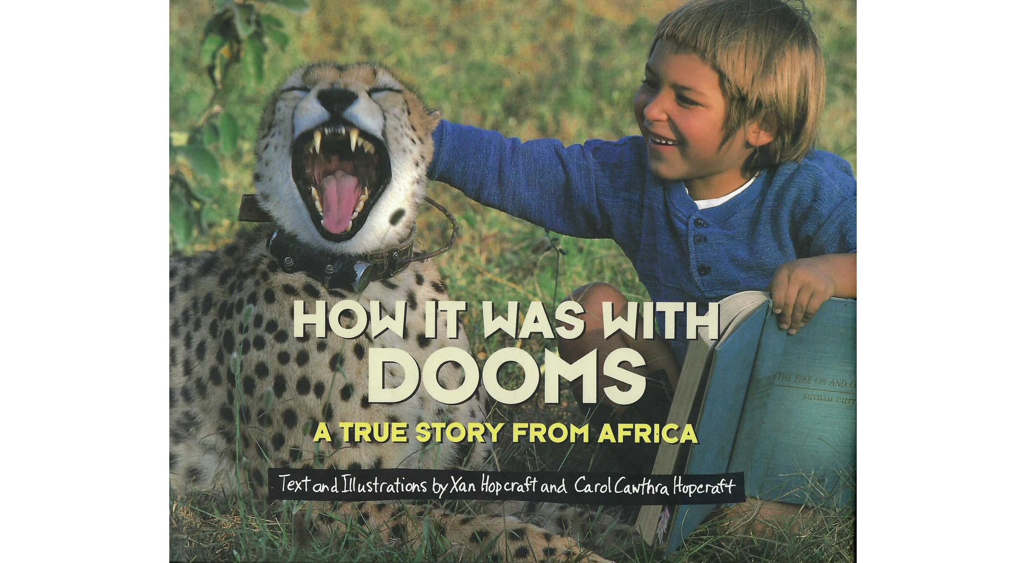 Image of book cover, showing a young boy in a blue shirt to right, looking left as he pats the head of yawning cheetah.