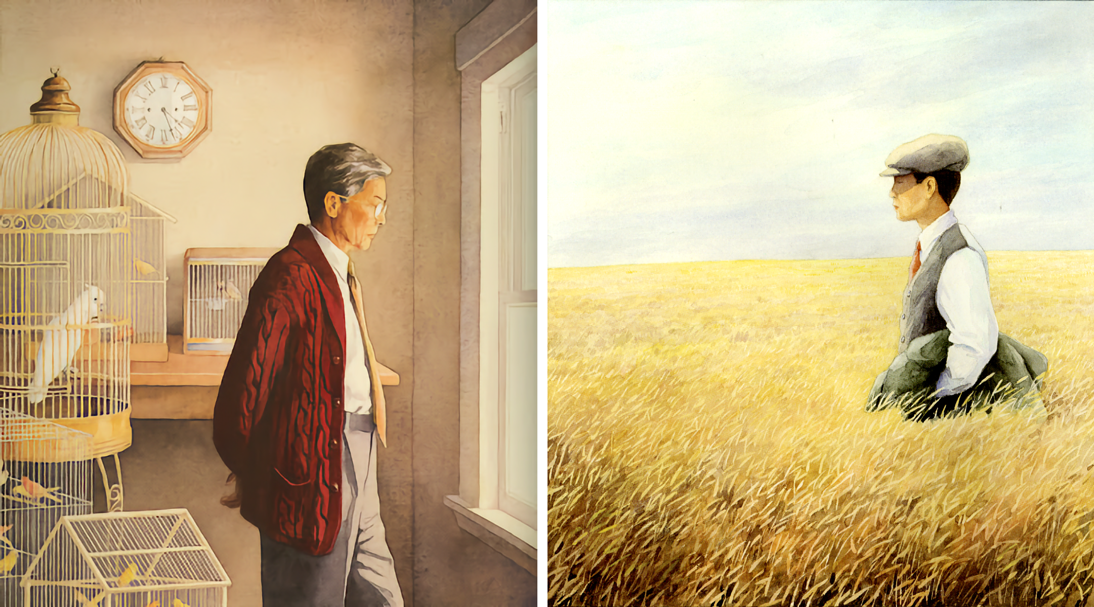 Image of two-page illustration spread, with left being a Japanese fan in red sweater, white shirt and brown trousers gazing to his right out a window, surrounded behind him with birds in cages;, and to right, a younger Japanese man with a white shirt, red tie and grey suit with vest and hat in a wheat field, looking to the left.