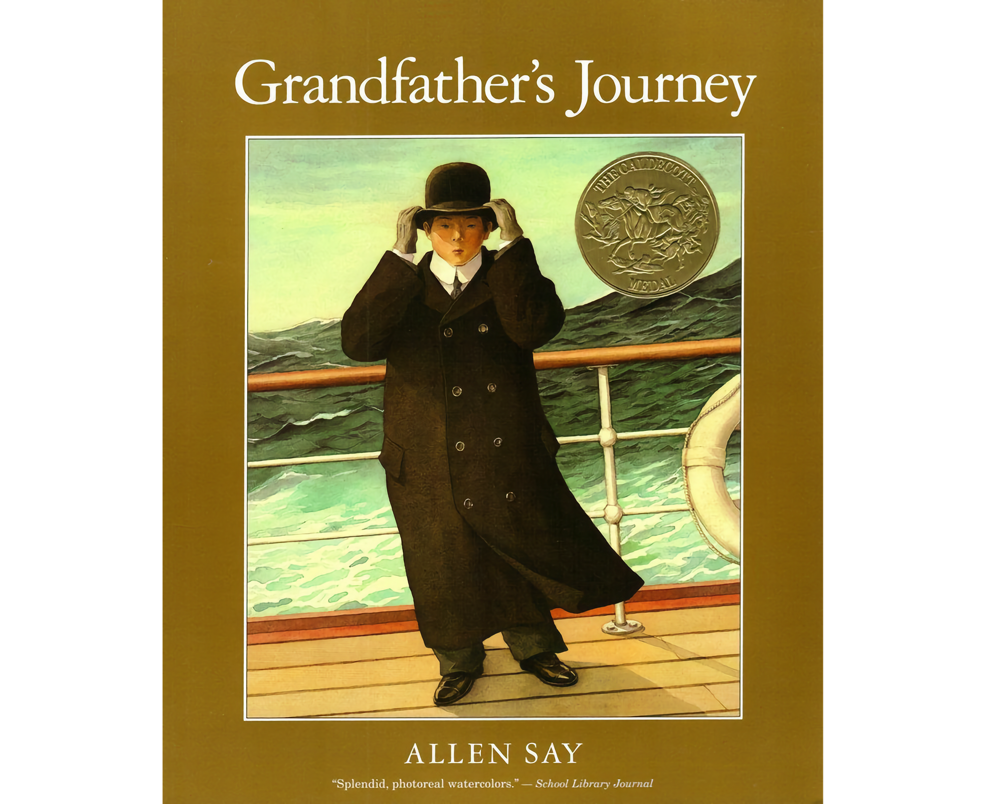 Image of book cover showing a Japanese man with a long black coat, black pants and shoes, and a white shirt and tie, holding onto his black bowler hat with his gloved hands, on a boat deck, with big green waves behind the ship railing..