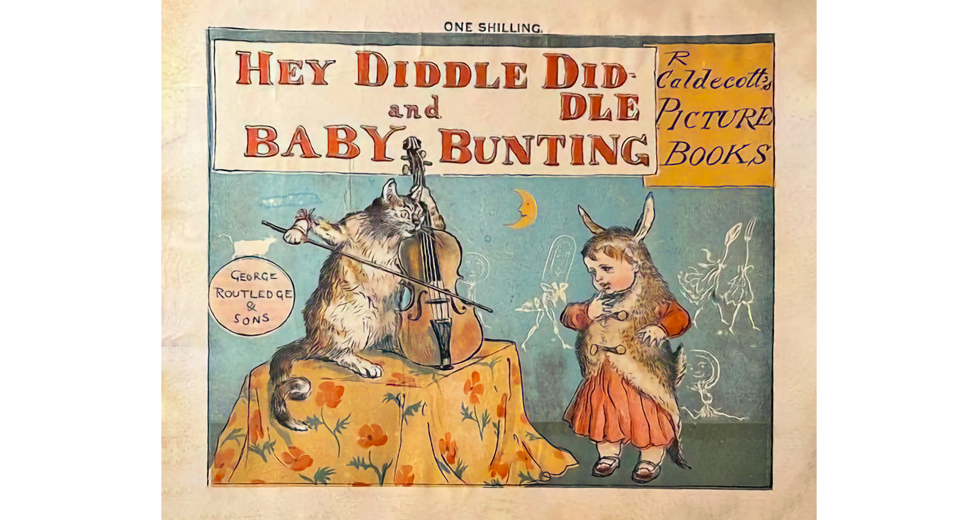 Image of book cover showing a cat on a covered table playing a fiddle like a cello, and a girl to the right in a red dress and animal fur watching.