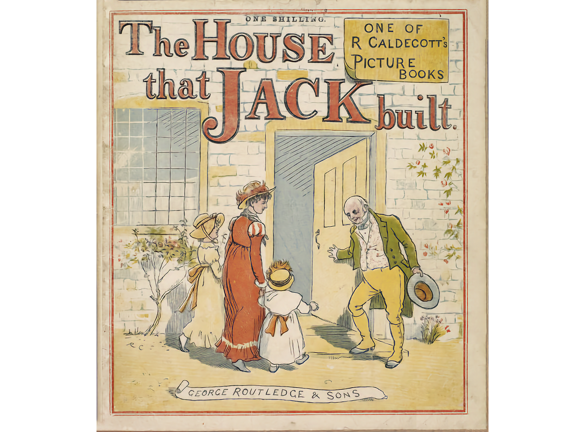 Image of book cover showing an open front door to a brick home, with a woman and two children dressed up on left, and a man in yellow pants and green jacket welcoming them on right.