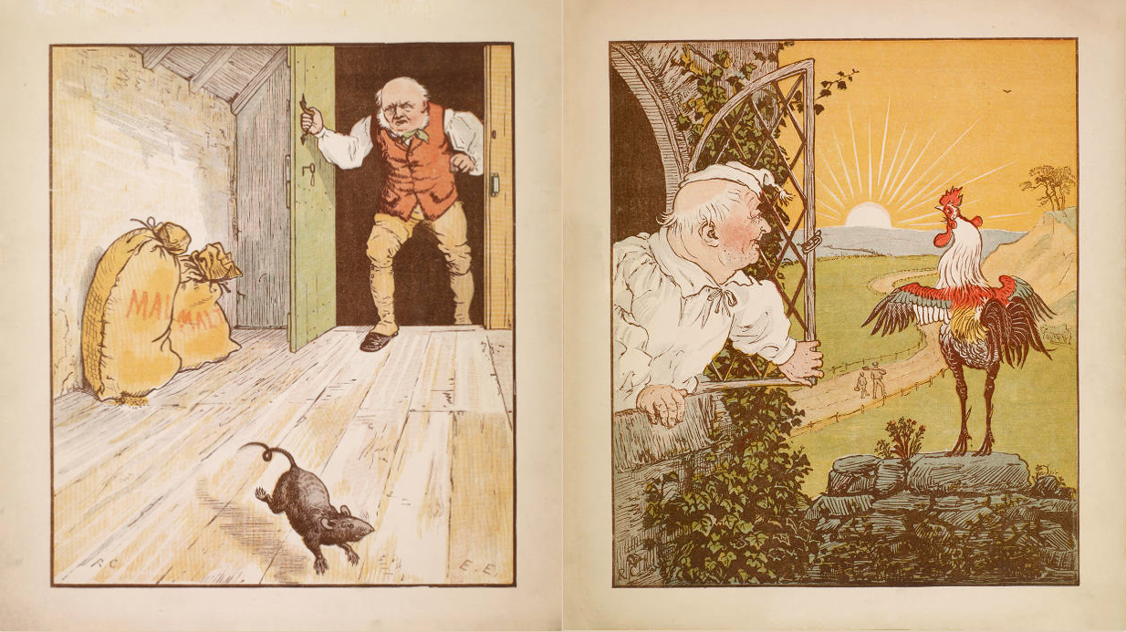 Two-page spread, with left image showing a rat fleeing in foreground from and old man in red vest entering room in background, and on right, a man in a white sleeping gown and hat looking out his window at a rooster crowing at the rising sun in the background.