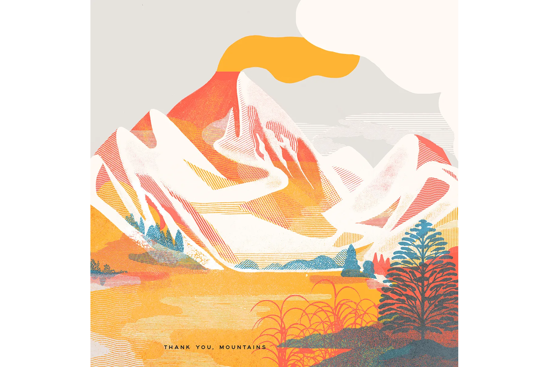 Image of illustration of multi-colored large mountain in back, with orange meadow and blue evergreen trees surrounding it in front.