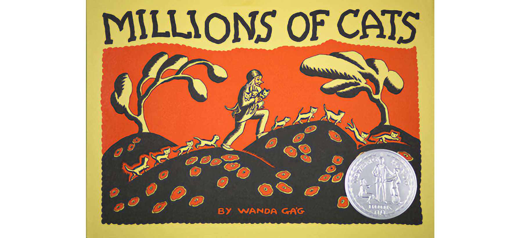 Image of illustrated book cover showing a man carrying a cat over red flower-covered hills, in a line of many cats and two trees.