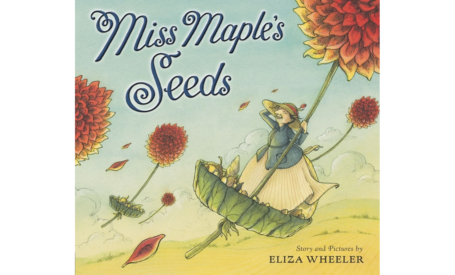 Image of book cover, with a small old woman in a hat, blue top and white full skirt standing in a green basket that is part of a large flower plant with tight red and yellow blossoms, surrounded by other similar flowers, all flying high in the sky.