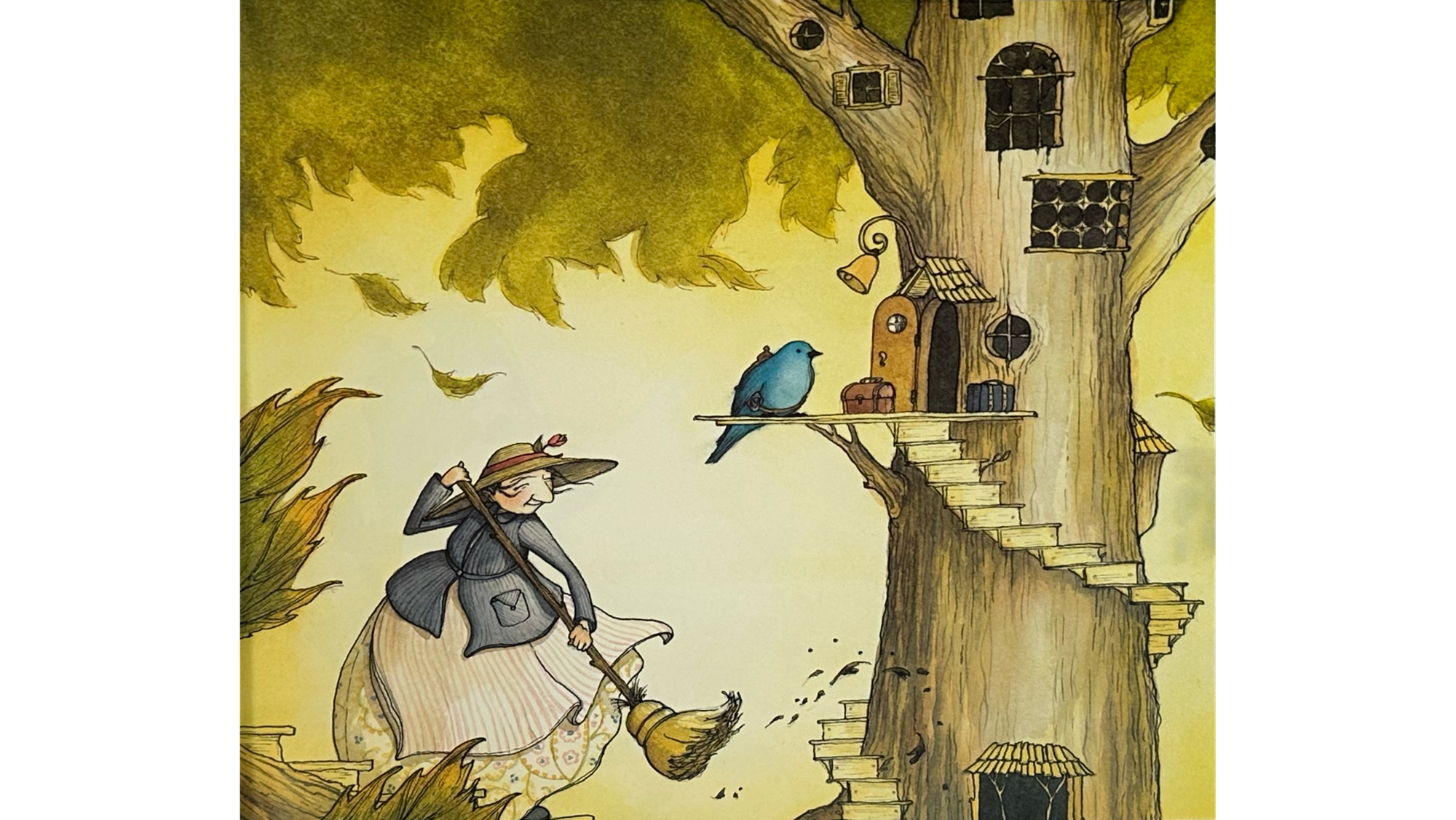 Image of illustration of same women in lower left hold a broom and sweeping, with a large maple tree trunk carved out as a house to her right has steps winding up it, and a bluebird sitting near a door entrance.