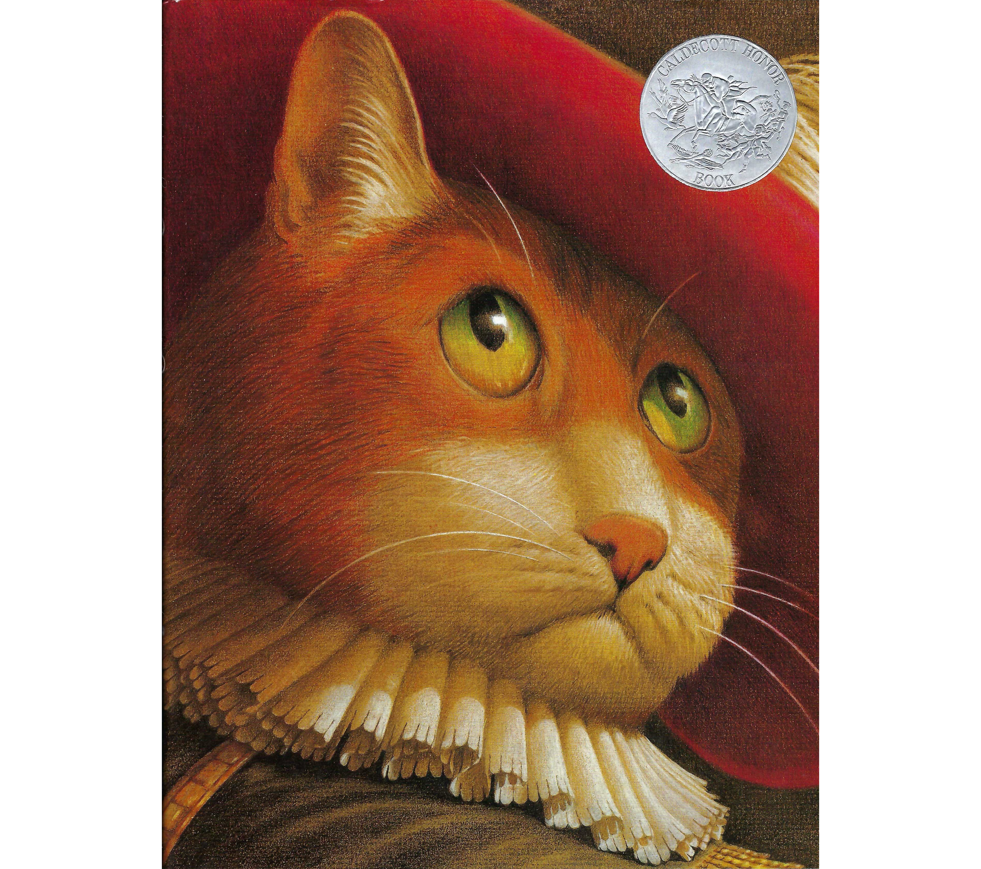 Image of book cover showing a closeup of head of a cat looking to the upper right, wearing a red hat and white lace collar.