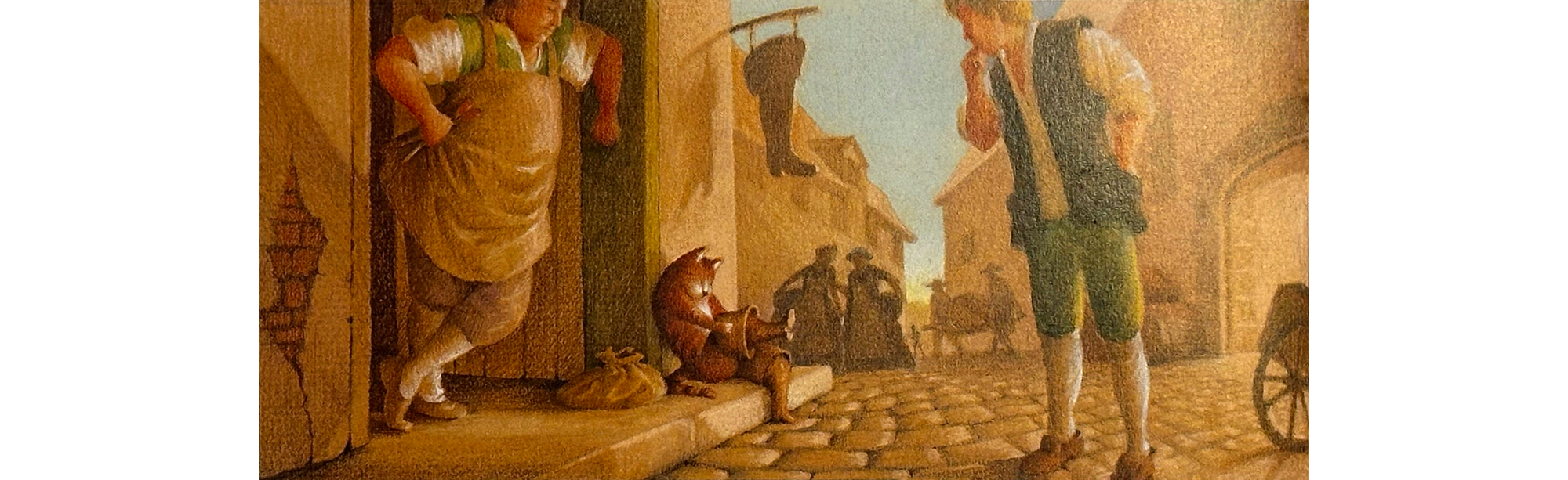 Image of illustration of cat on cobblestone street curb pulling on some boots, as a man in the street and shopkeeper watch.