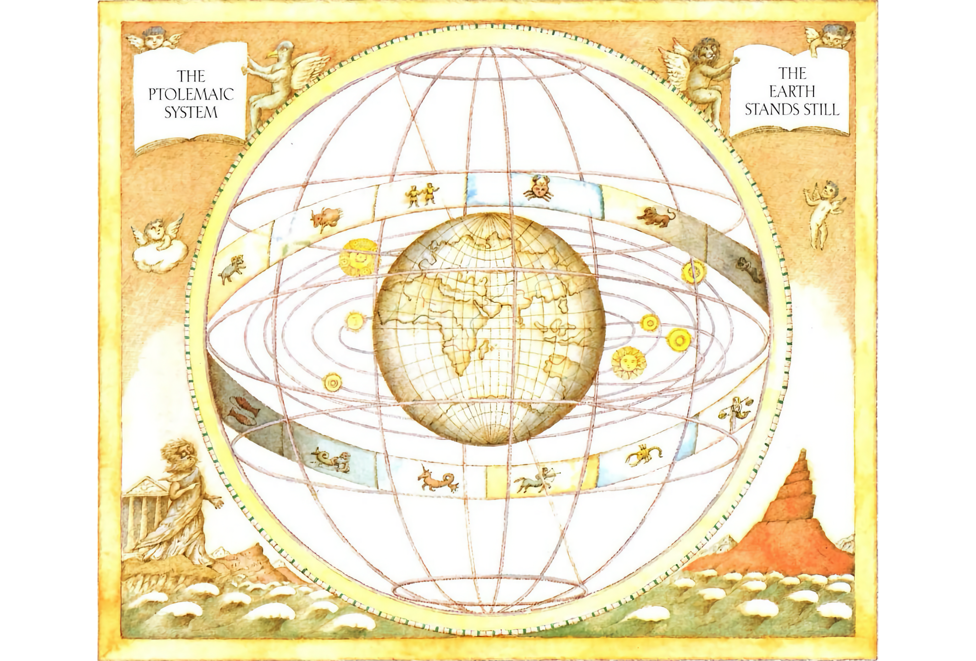 Image of drawing of Ptolemaic univers, with eath in center and zodiac constellations surrounding it in a white sphere.