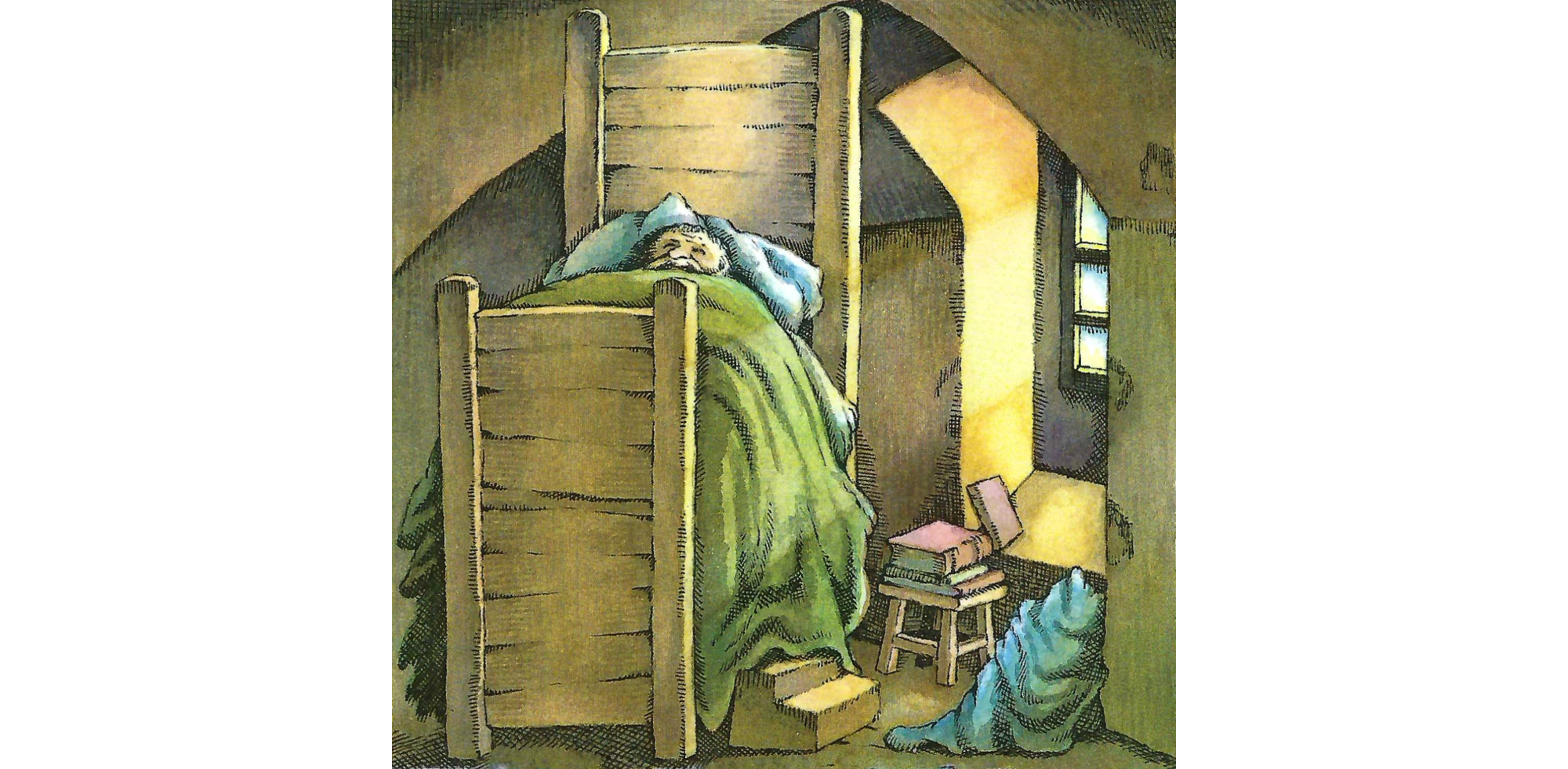 Image of illustration of man lying in a bed with a blue pillow and green blanket, next to a window letting sunlight in, with books to the side.