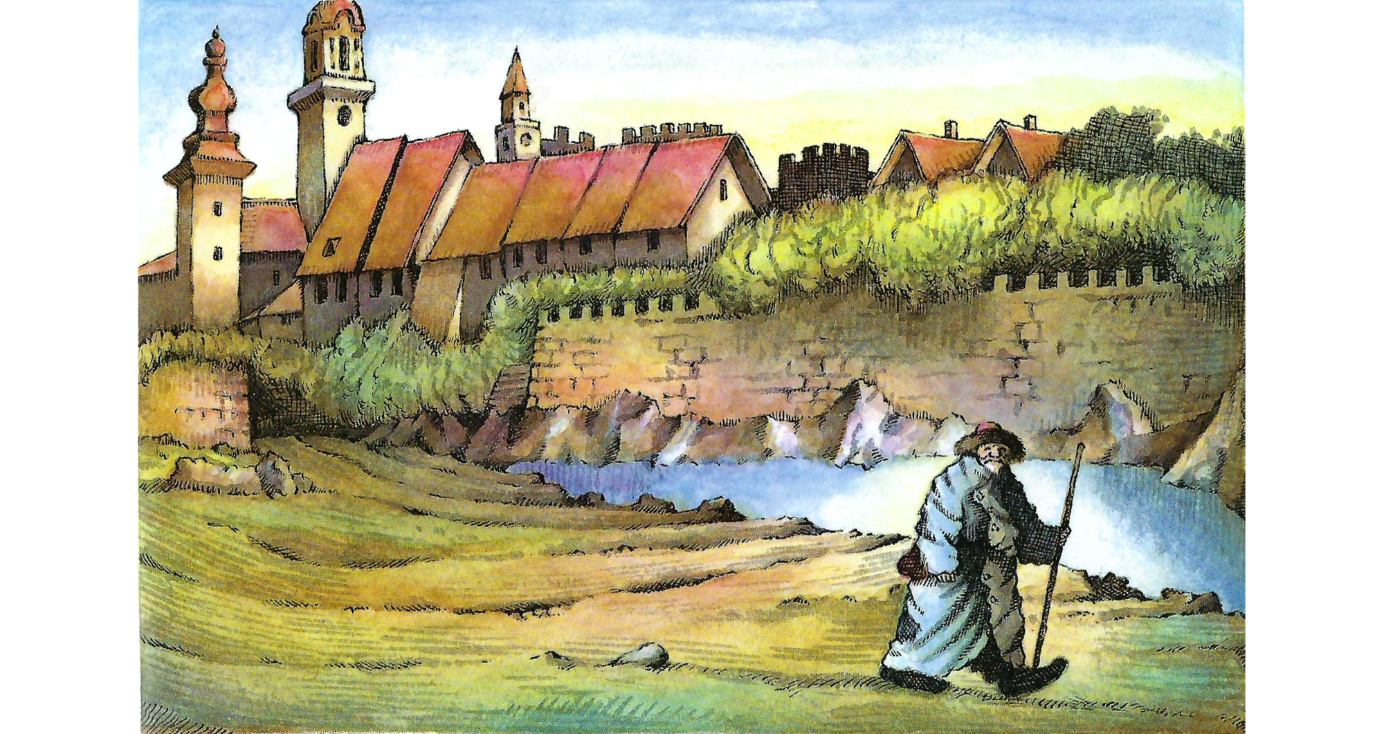 Image of illustration of man in blue long coat with walking staff heading to the right, in front of a river, with a walled town in the background.